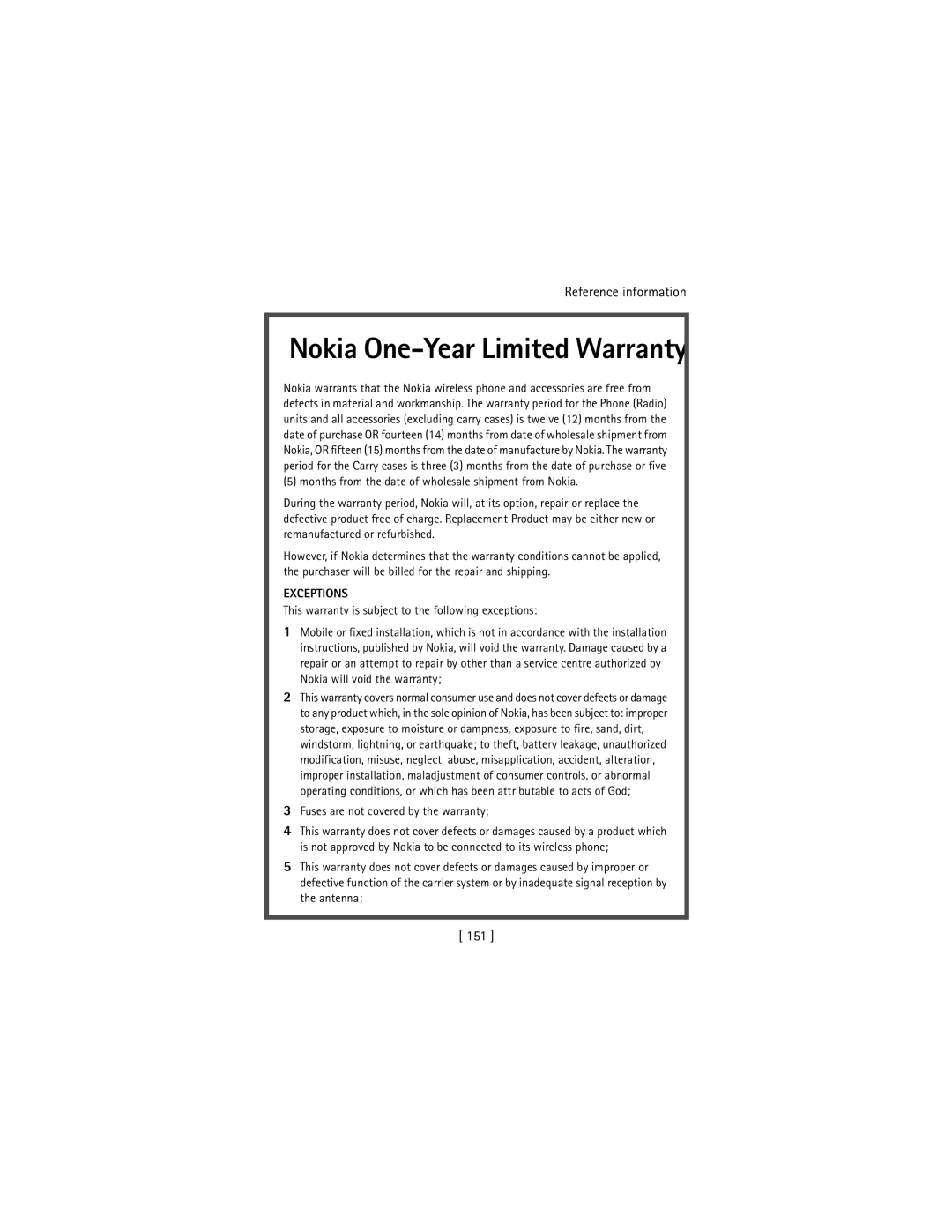 Nokia 3586I manual Nokia One-Year Limited Warranty, 151 