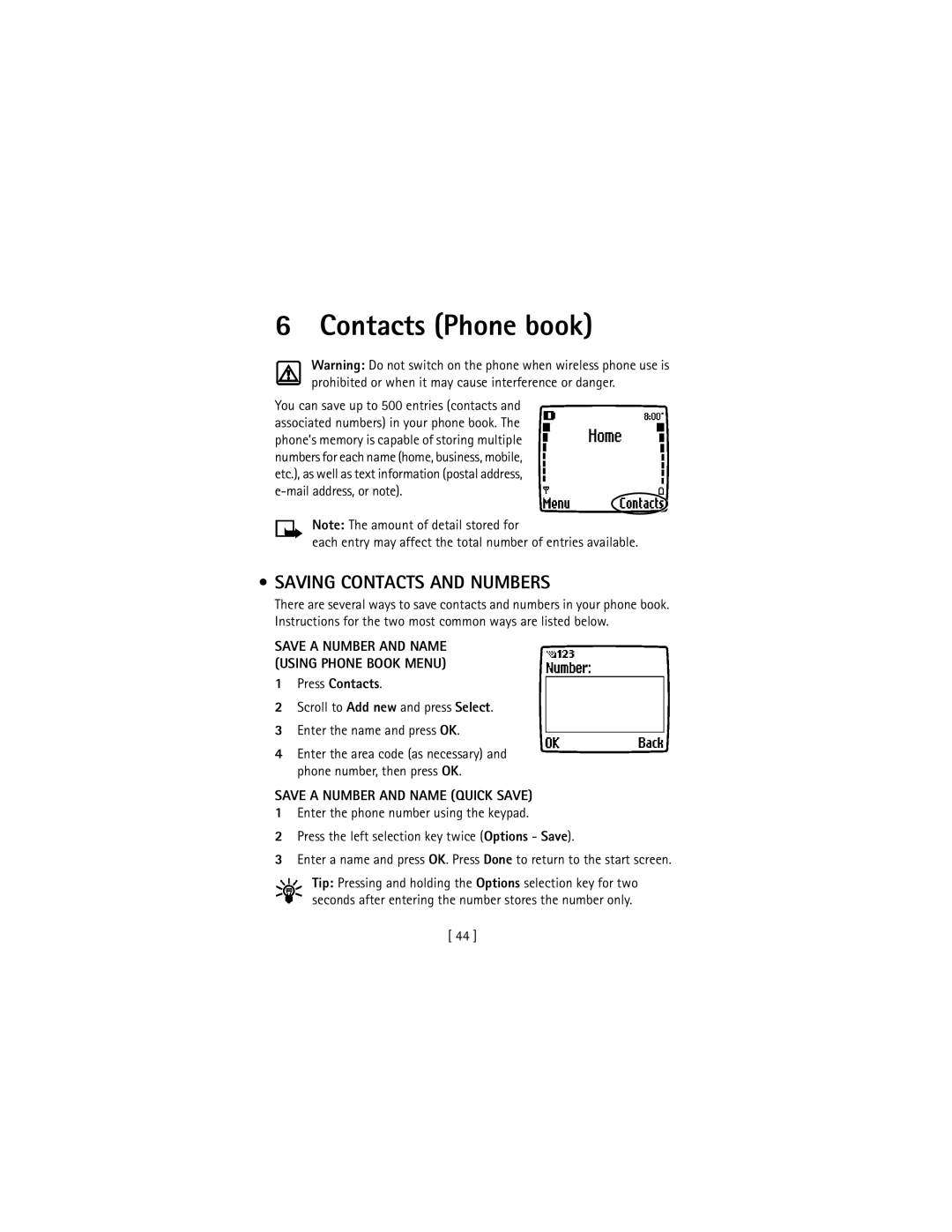 Nokia 3586I Contacts Phone book, Saving Contacts and Numbers, Each entry may affect the total number of entries available 