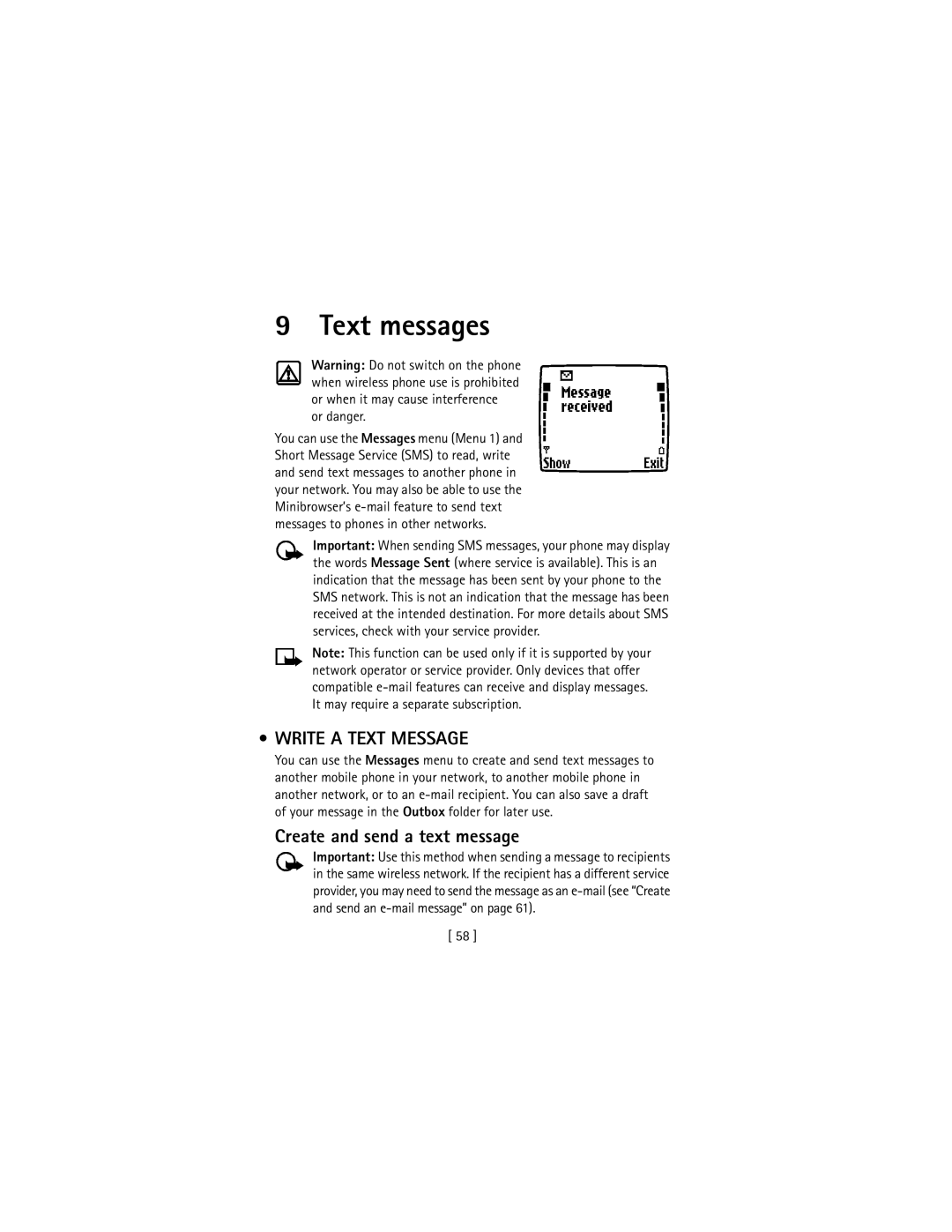 Nokia 3586I manual Text messages, Write a Text Message, Create and send a text message, Or danger 