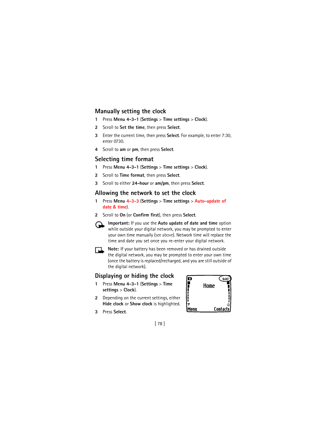 Nokia 3586I manual Manually setting the clock, Selecting time format, Allowing the network to set the clock 