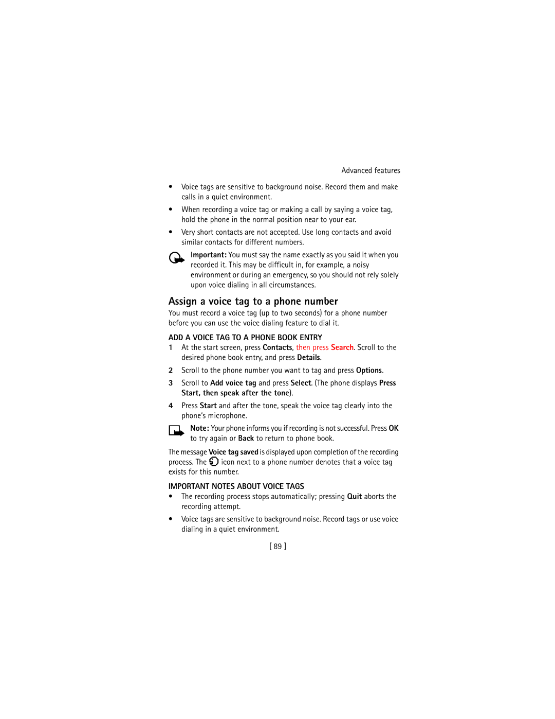 Nokia 3586I Assign a voice tag to a phone number, ADD a Voice TAG to a Phone Book Entry, Important Notes about Voice Tags 