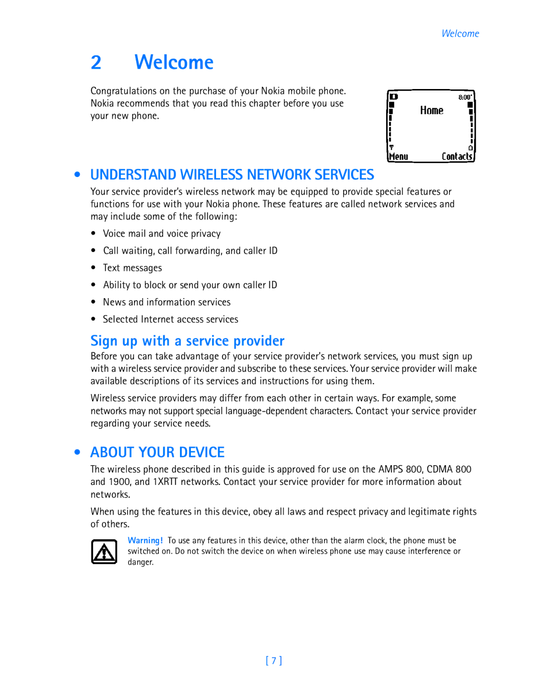 Nokia 3587i manual Welcome, Understand Wireless Network Services, Sign up with a service provider, About Your Device 