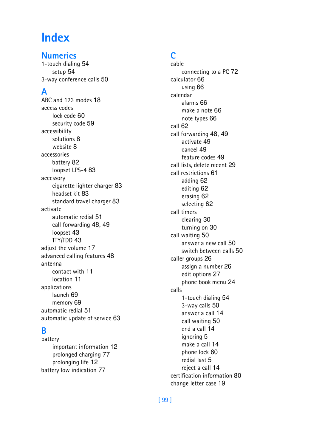 Nokia 3587i manual Index, Numerics, Call lists, delete recent 29 call restrictions 