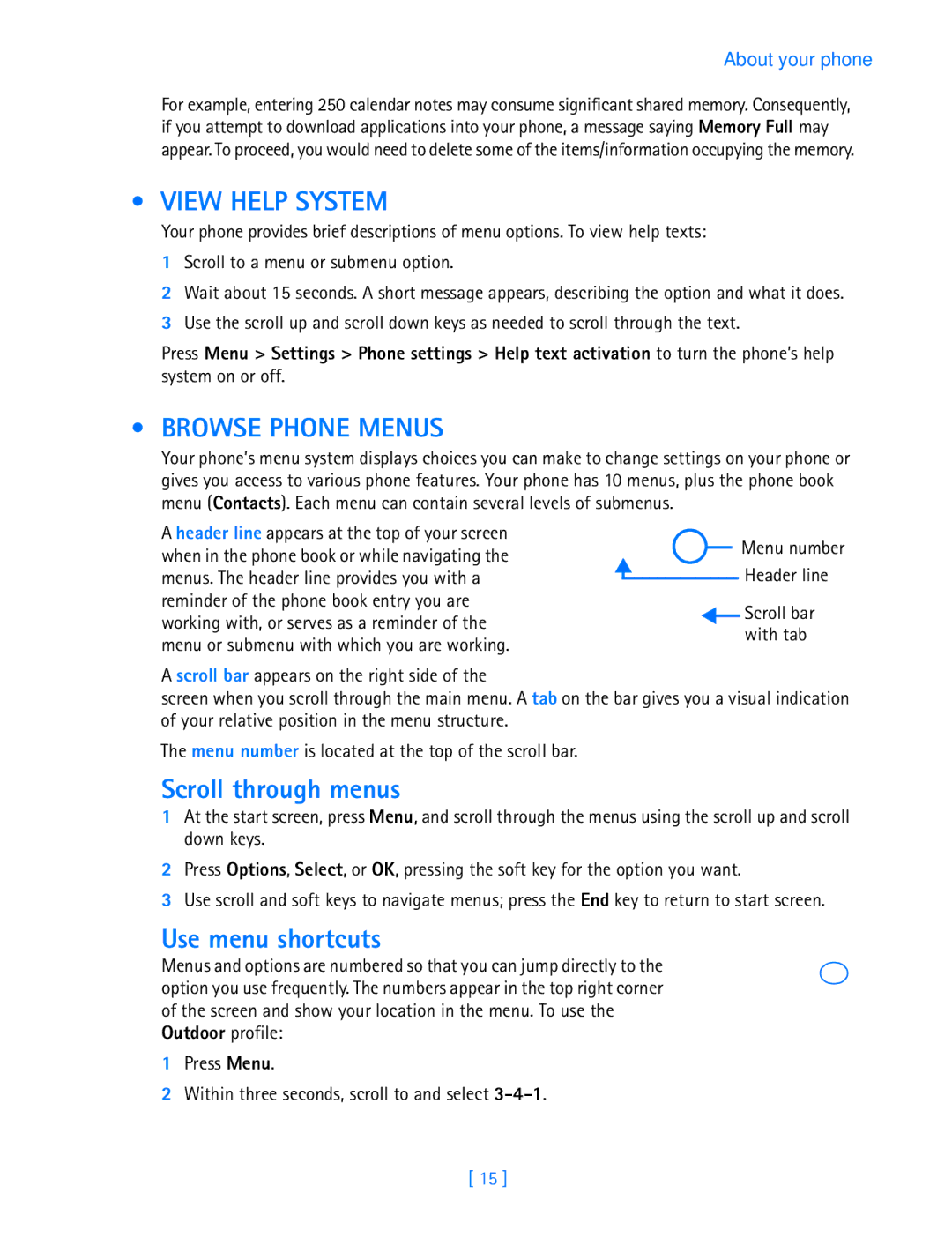 Nokia 3587i manual View Help System, Browse Phone Menus, Scroll through menus, Use menu shortcuts, Menu number Header line 