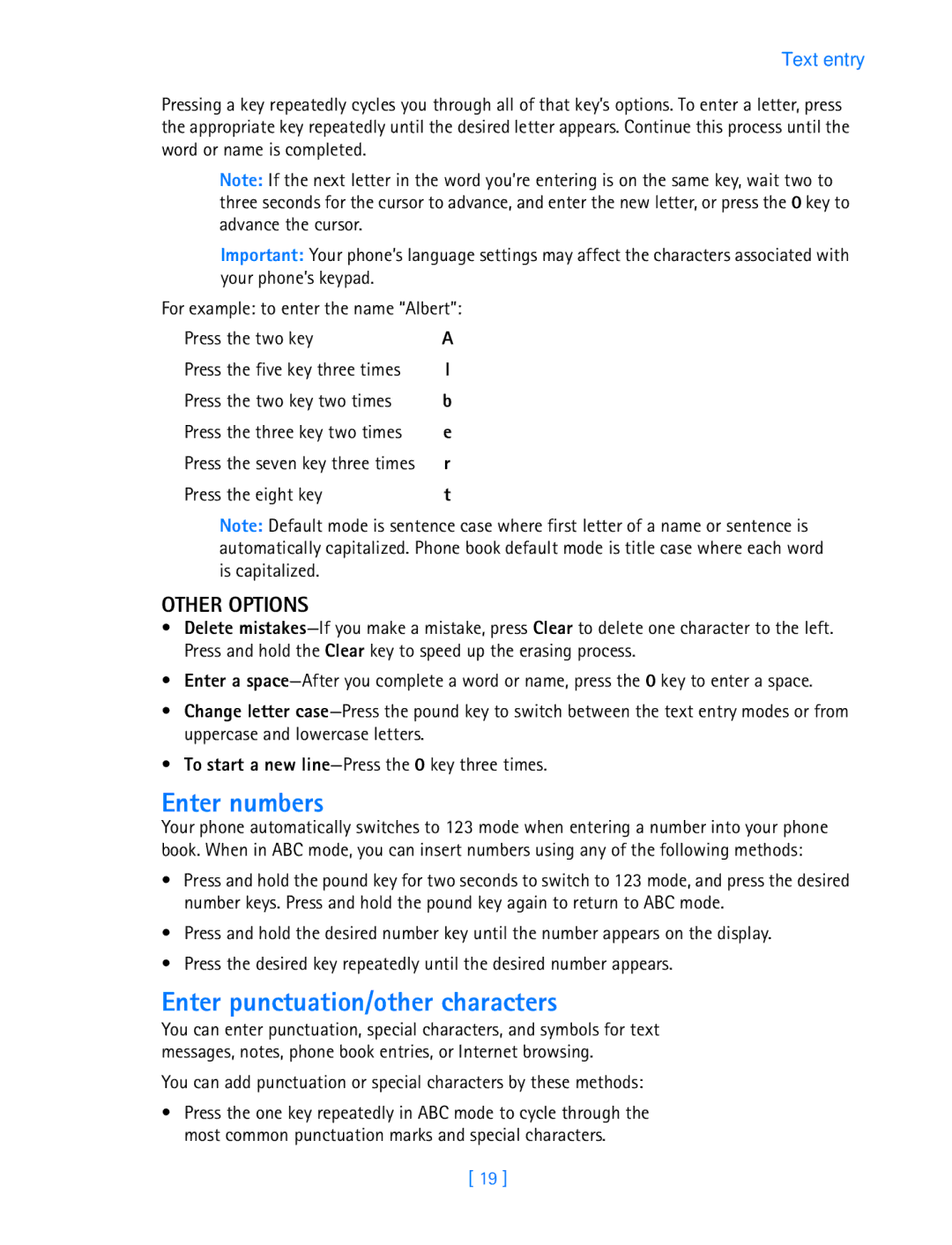 Nokia 3587i manual Enter numbers, Enter punctuation/other characters, Other Options, Press the eight key 