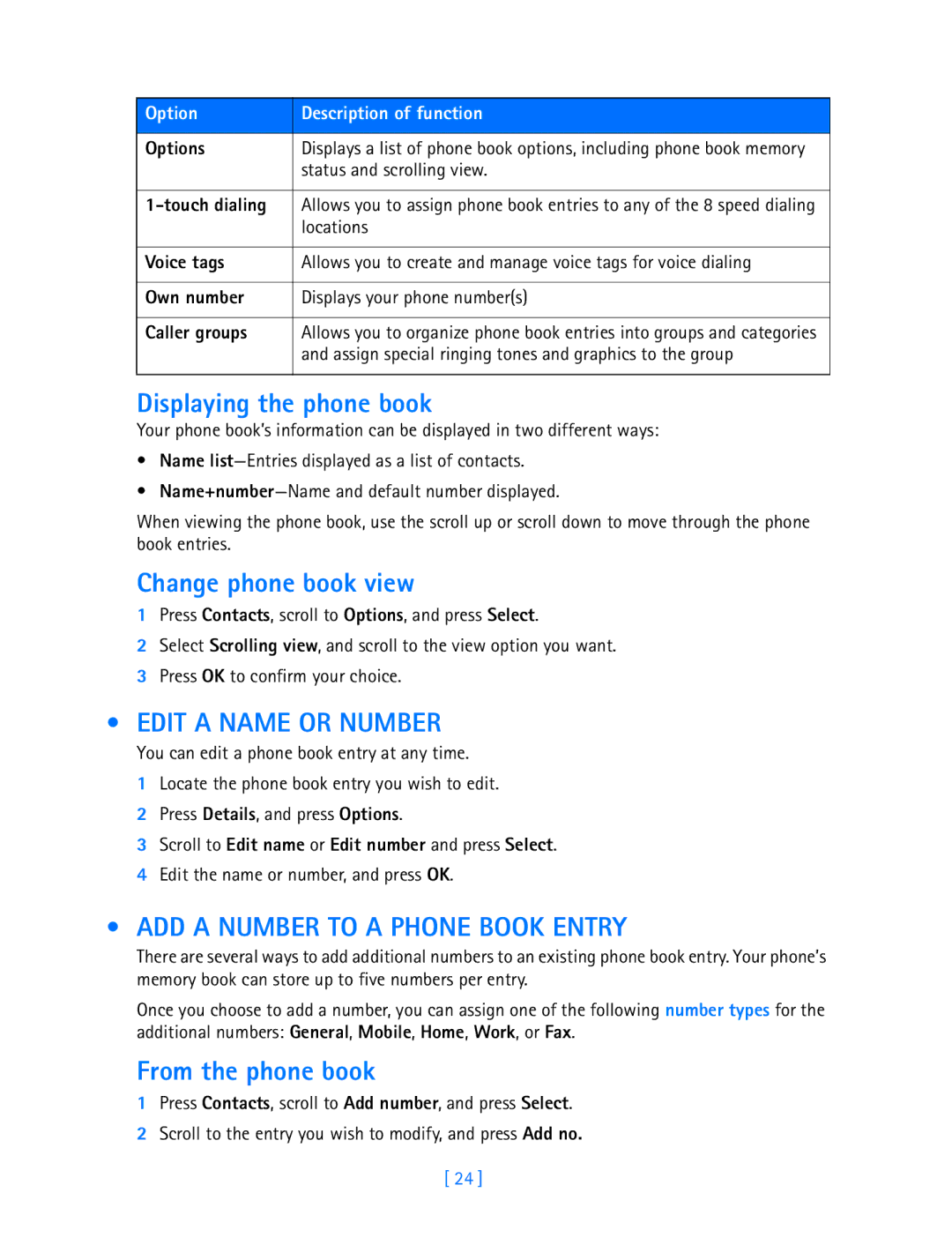 Nokia 3587i Displaying the phone book, Change phone book view, Edit a Name or Number, ADD a Number to a Phone Book Entry 