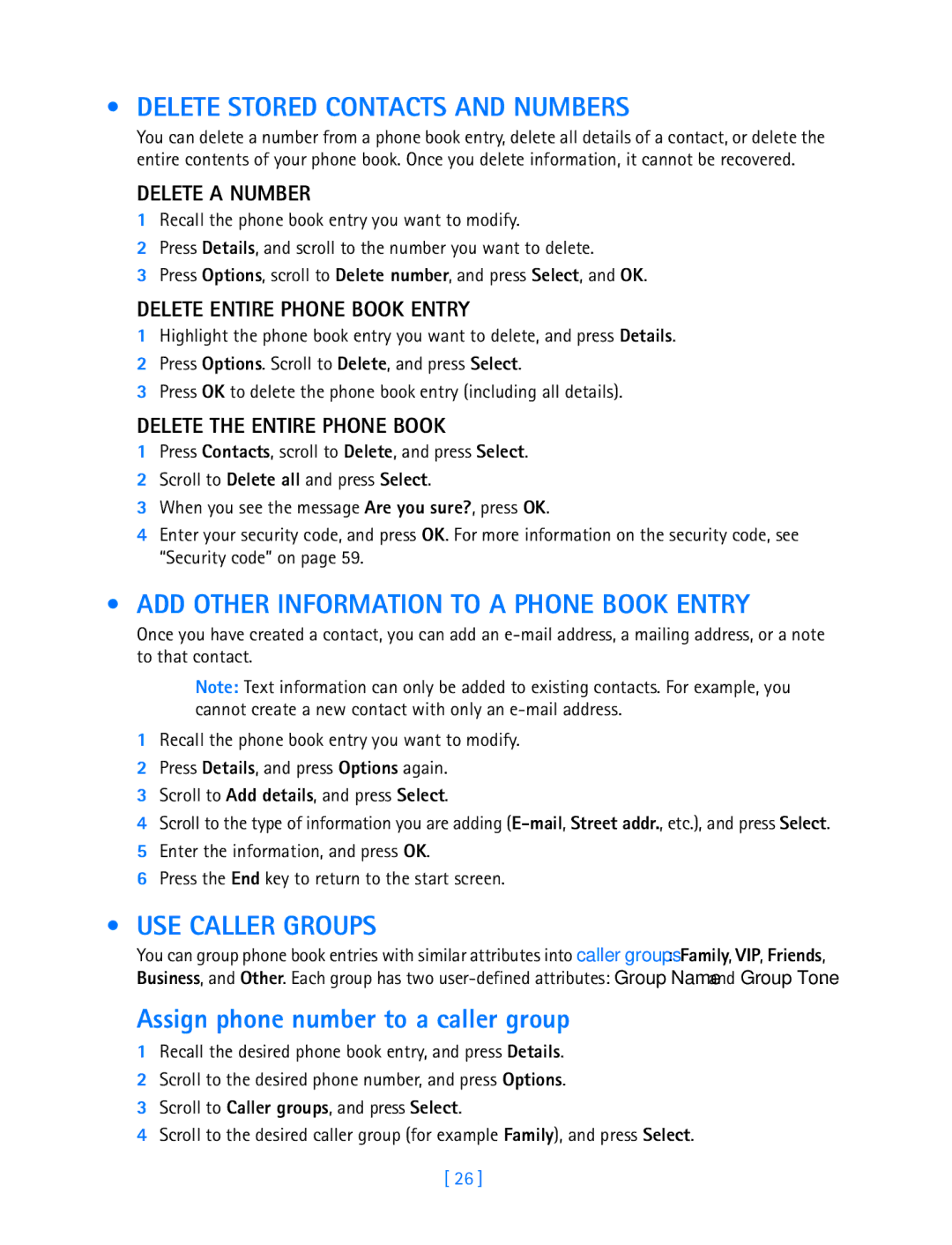 Nokia 3587i manual Delete Stored Contacts and Numbers, ADD Other Information to a Phone Book Entry, USE Caller Groups 