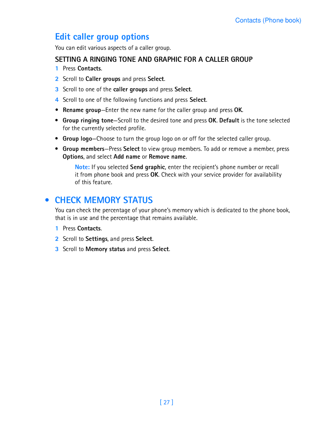 Nokia 3587i manual Edit caller group options, Check Memory Status, Setting a Ringing Tone and Graphic for a Caller Group 