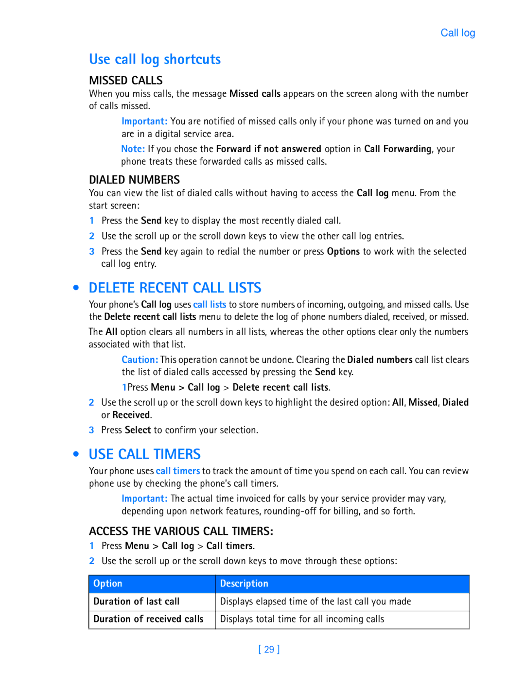 Nokia 3587i manual Use call log shortcuts, Delete Recent Call Lists, USE Call Timers 