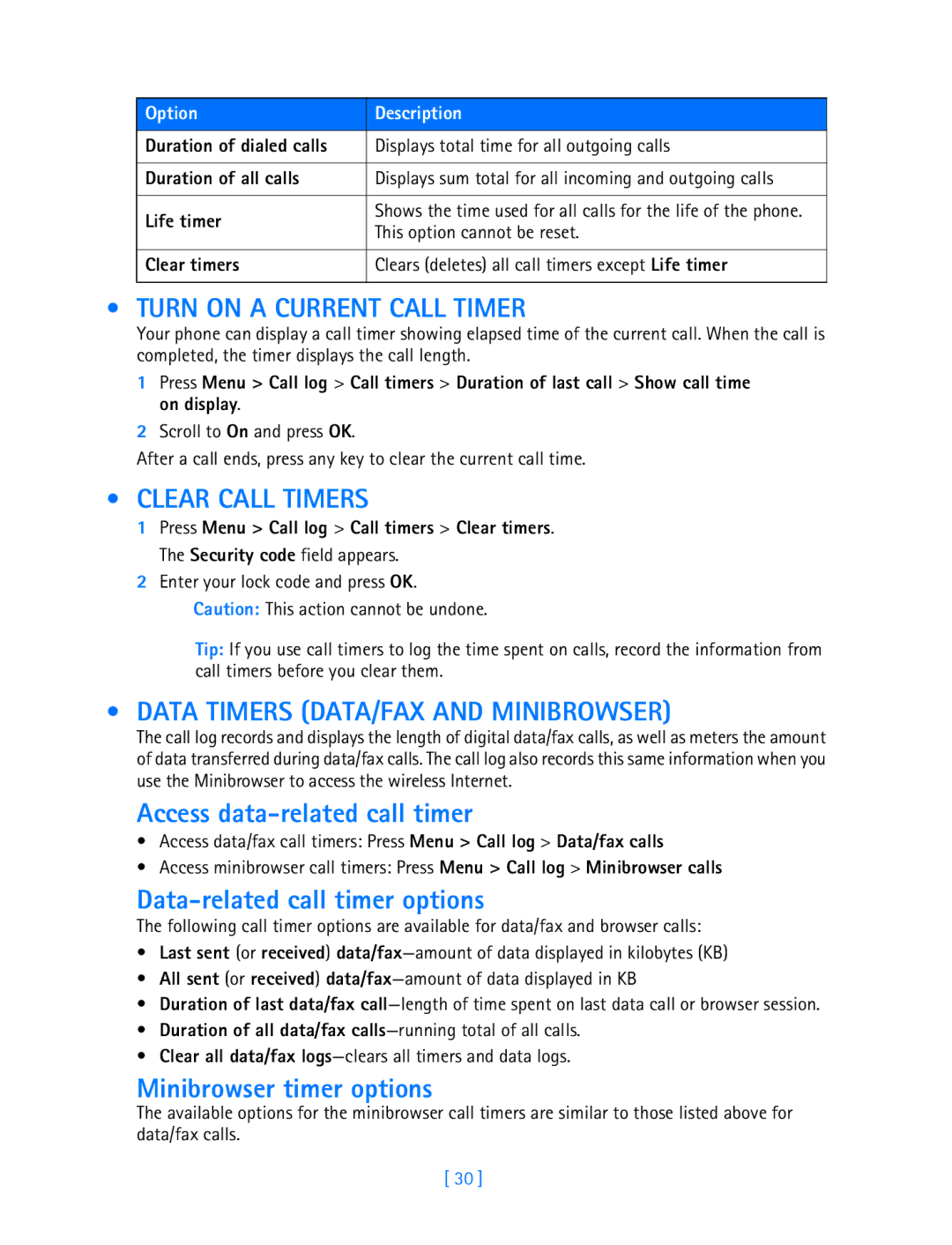 Nokia 3587i manual Turn on a Current Call Timer, Clear Call Timers, Data Timers DATA/FAX and Minibrowser 