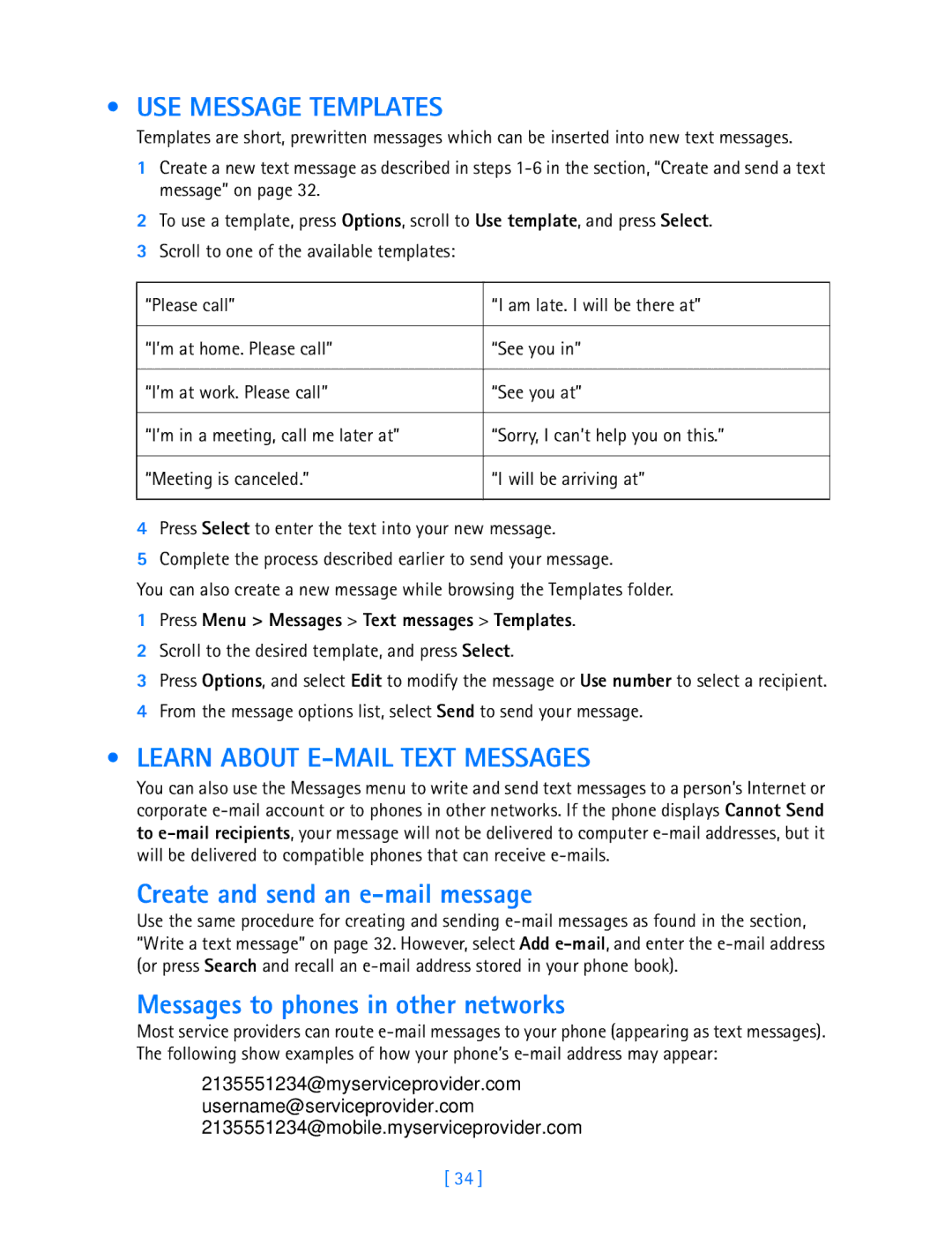 Nokia 3587i manual USE Message Templates, Learn about E-MAIL Text Messages, Create and send an e-mail message 