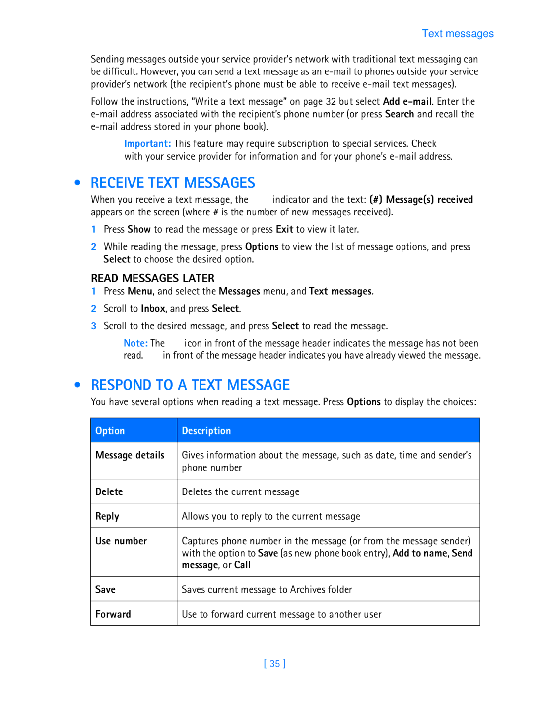 Nokia 3587i manual Receive Text Messages, Respond to a Text Message, Read Messages Later 