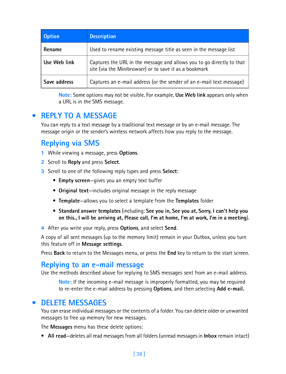 Nokia 3587i manual Reply to a Message, Replying via SMS, Replying to an e-mail message, Delete Messages 