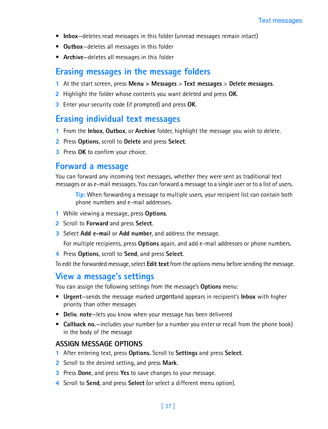 Nokia 3587i manual Erasing messages in the message folders, Erasing individual text messages, Forward a message 