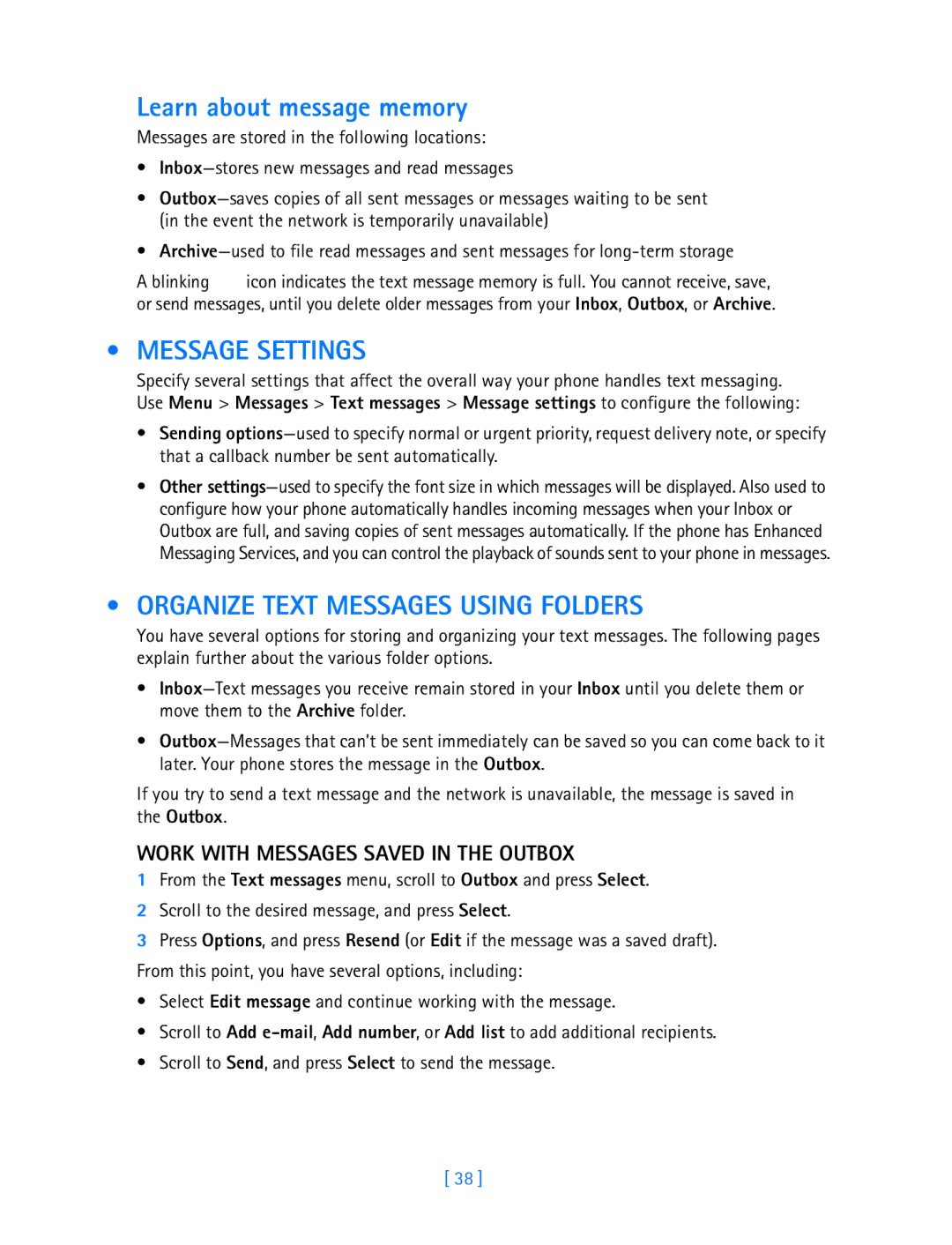 Nokia 3587i manual Learn about message memory, Message Settings, Organize Text Messages Using Folders 
