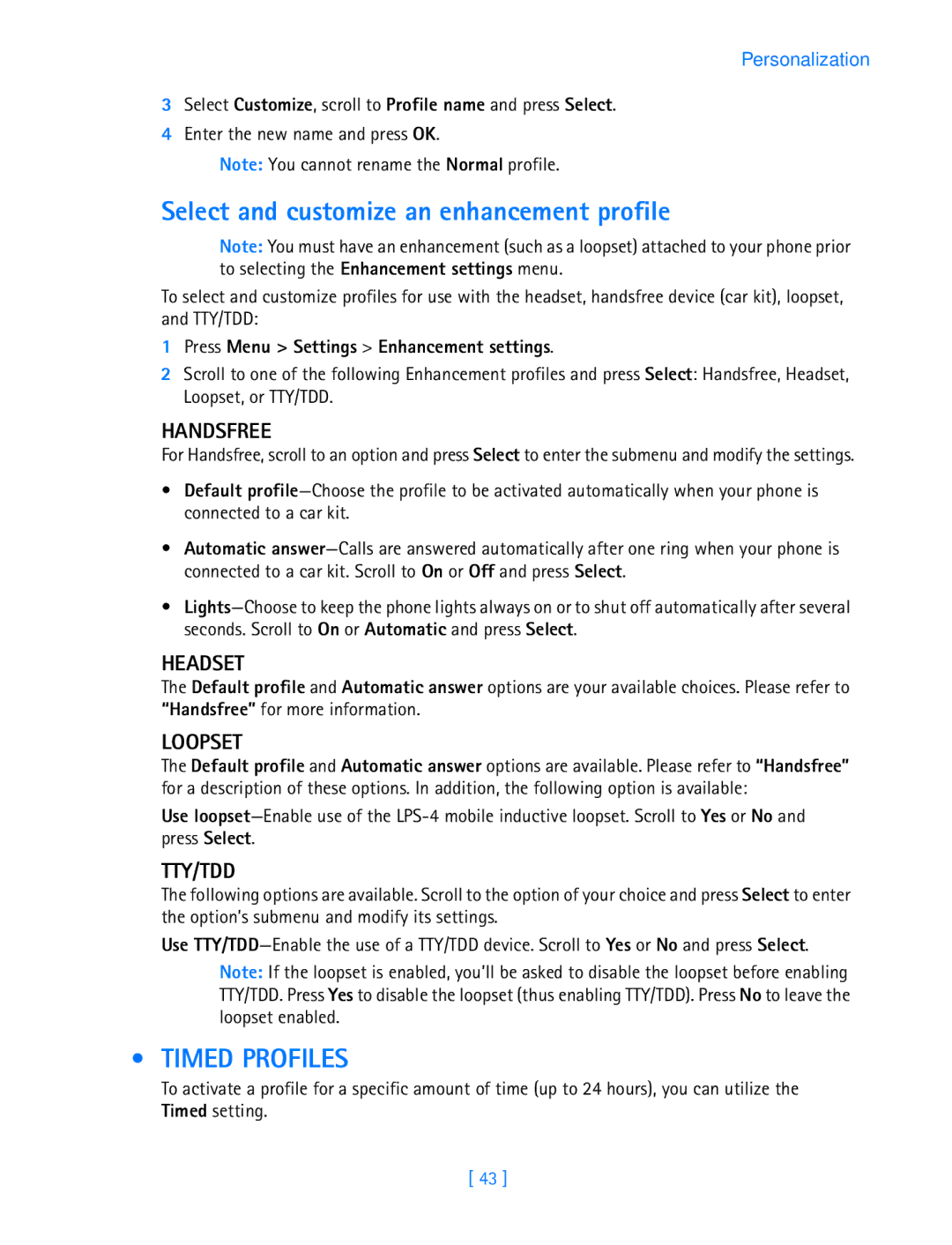 Nokia 3587i manual Select and customize an enhancement profile, Timed Profiles 