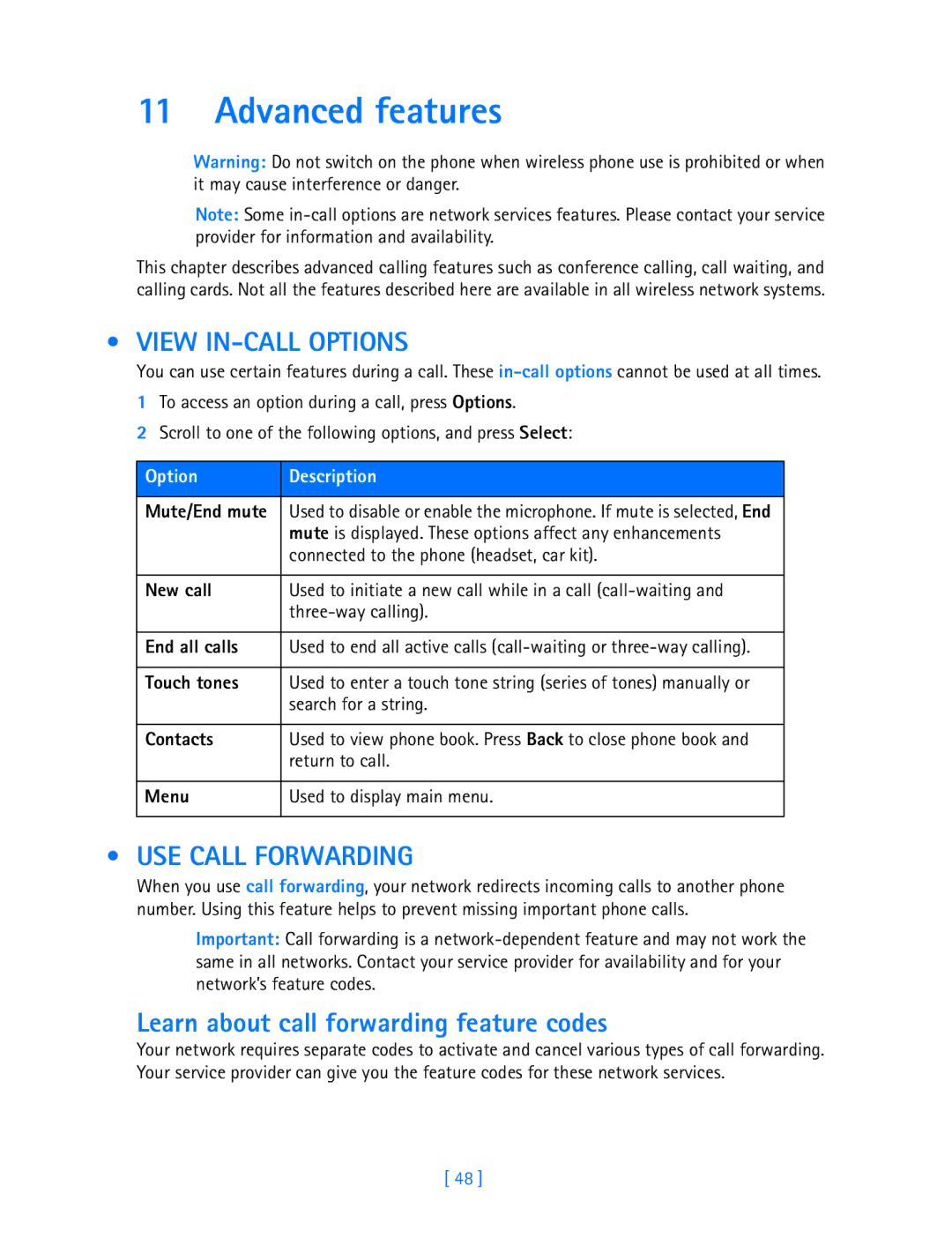 Nokia 3587i manual Advanced features, View IN-CALL Options, USE Call Forwarding, Learn about call forwarding feature codes 