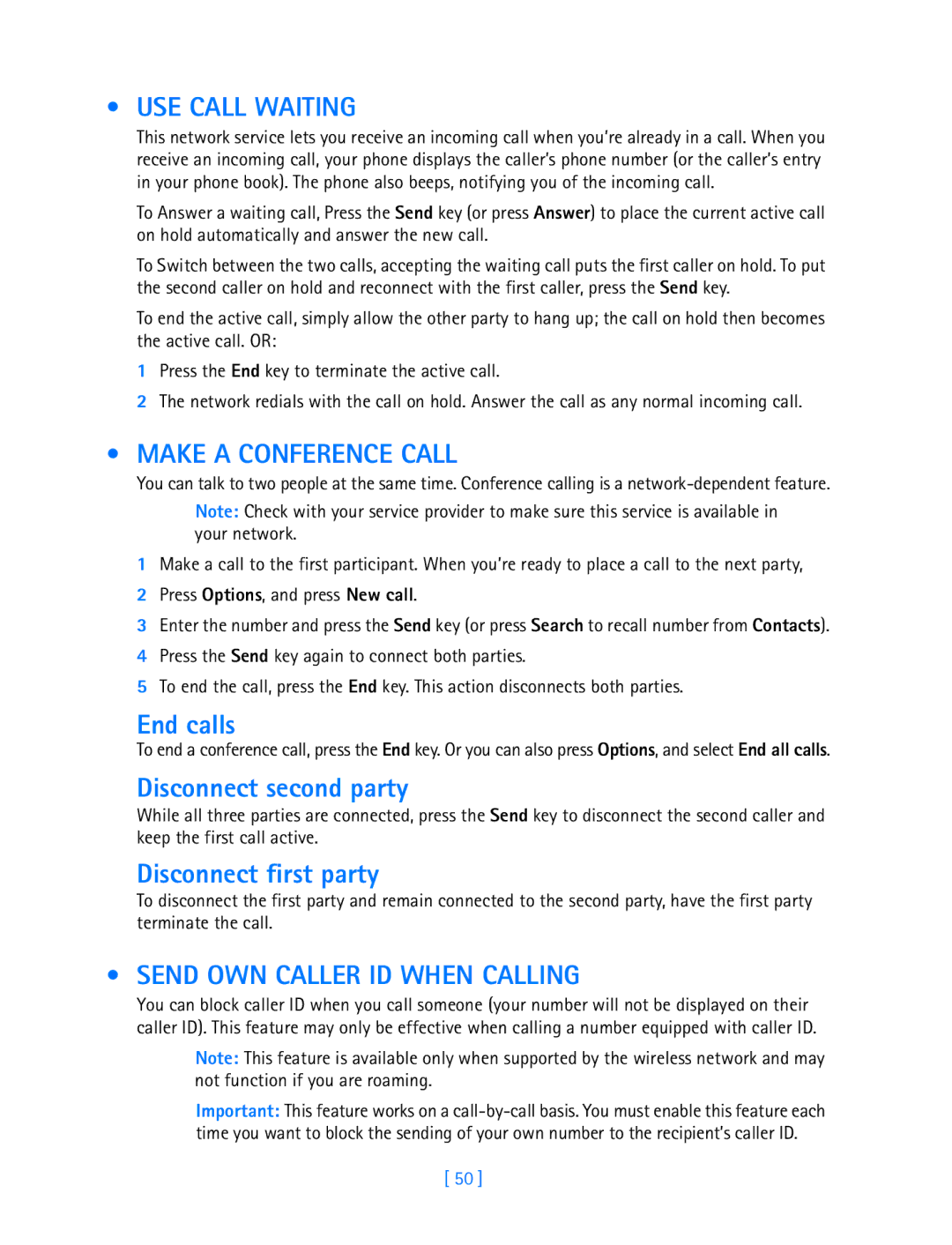 Nokia 3587i manual USE Call Waiting, Make a Conference Call, Send OWN Caller ID When Calling 