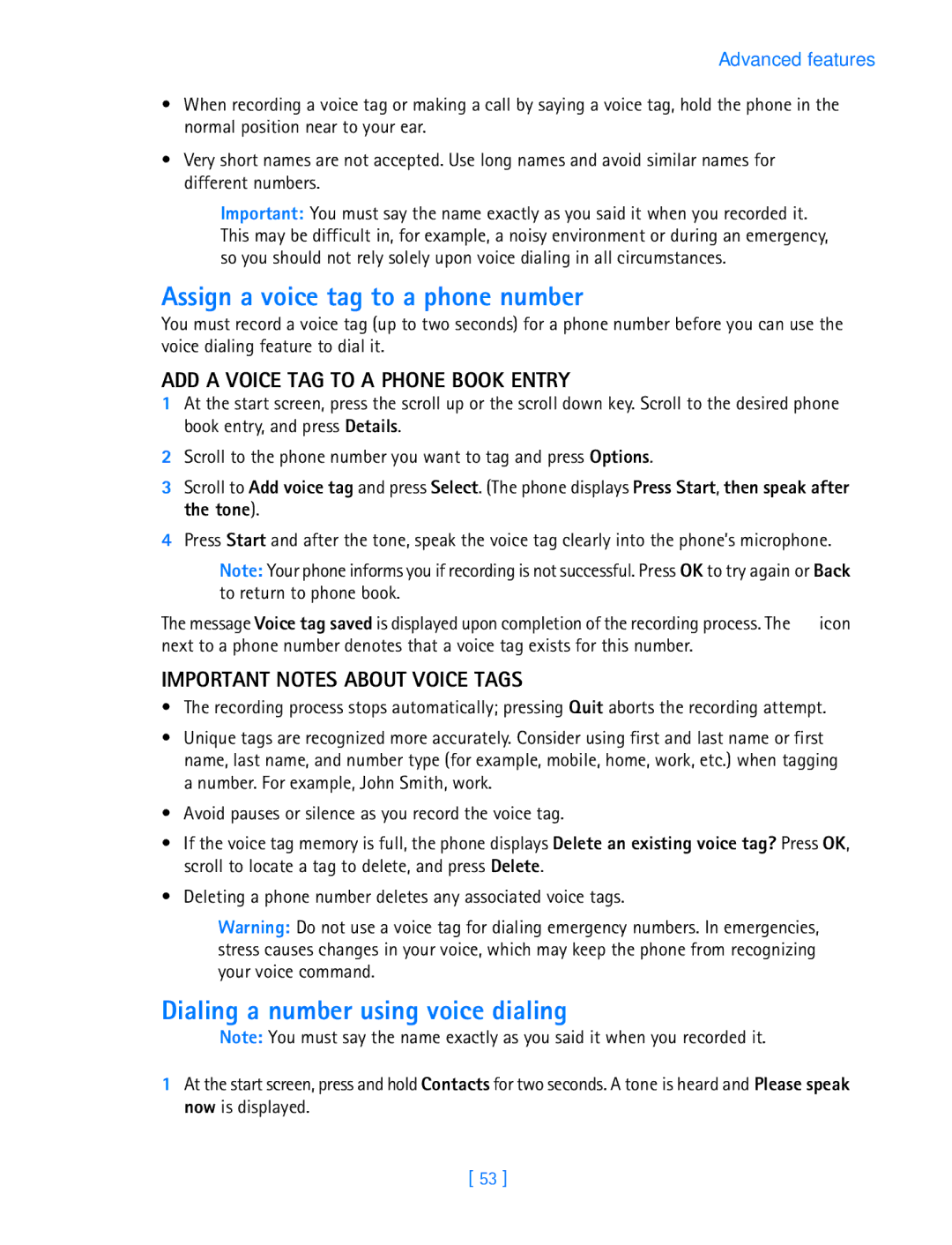 Nokia 3587i Assign a voice tag to a phone number, Dialing a number using voice dialing, Important Notes about Voice Tags 