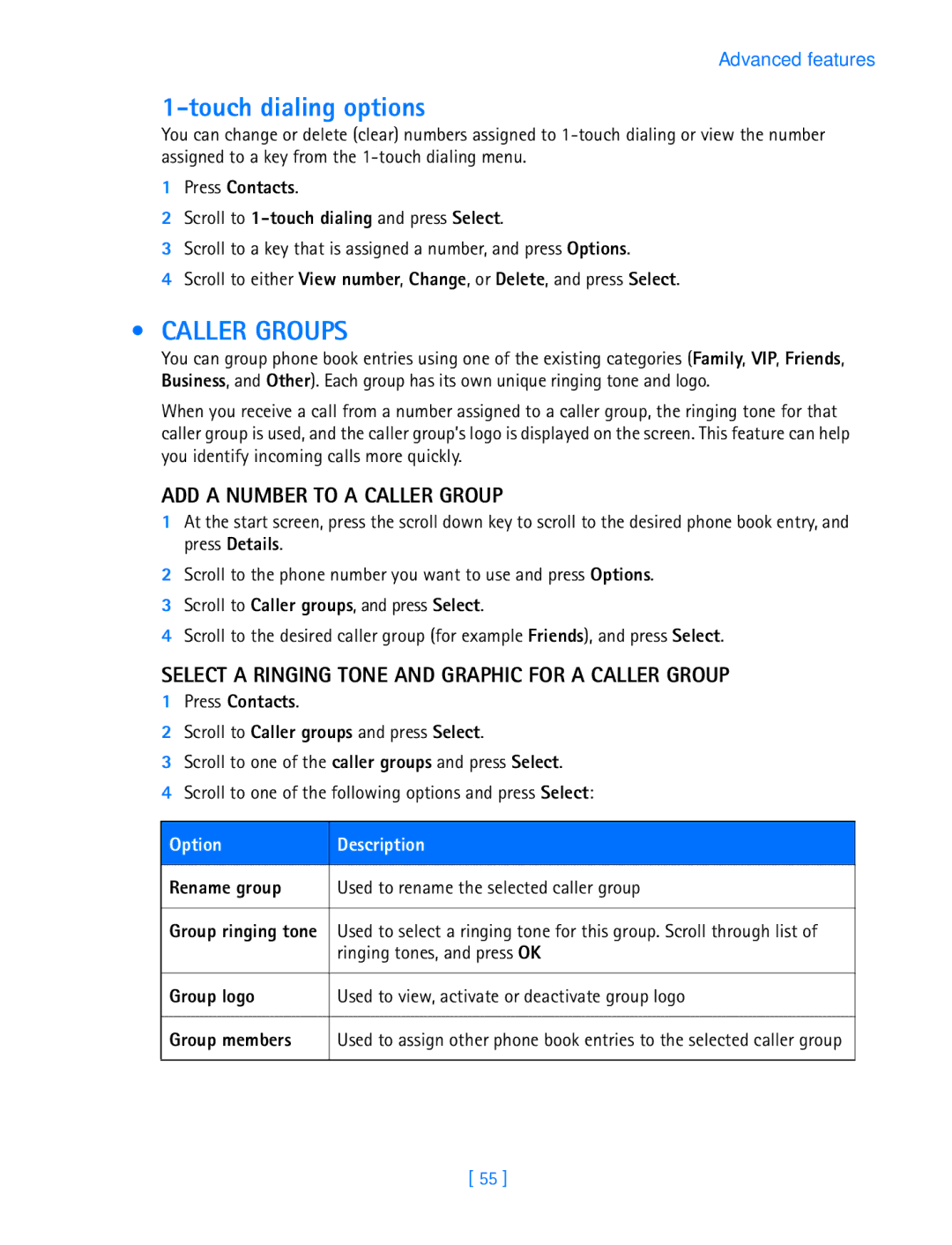 Nokia 3587i manual Touch dialing options, Caller Groups, ADD a Number to a Caller Group, Ringing tones, and press OK 