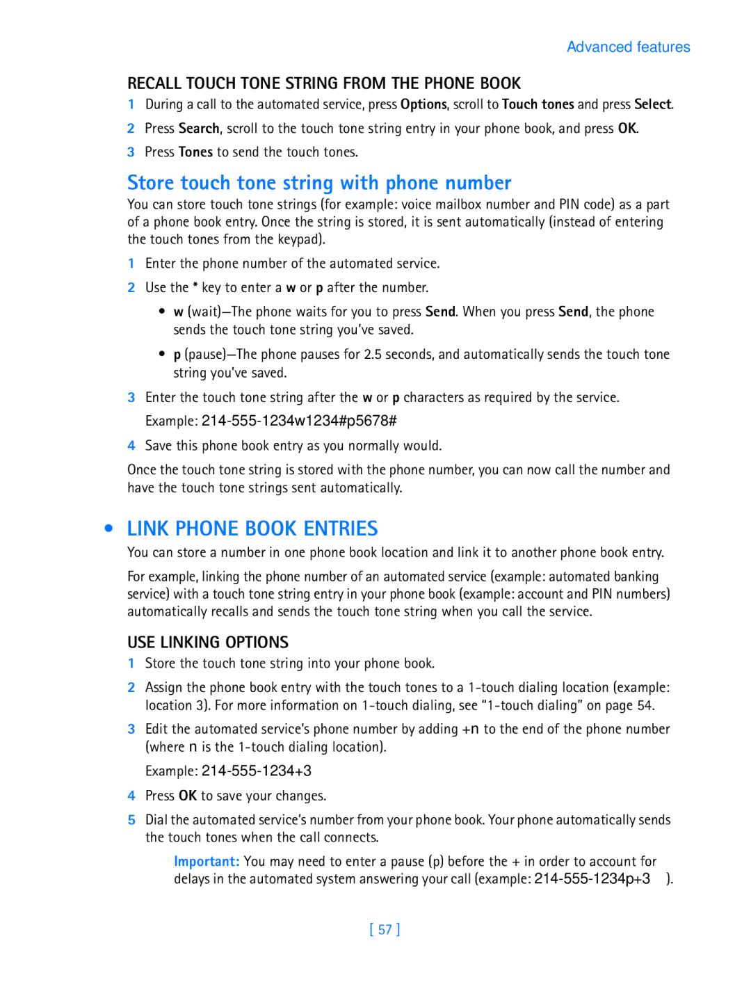 Nokia 3587i manual Store touch tone string with phone number, Link Phone Book Entries, USE Linking Options 
