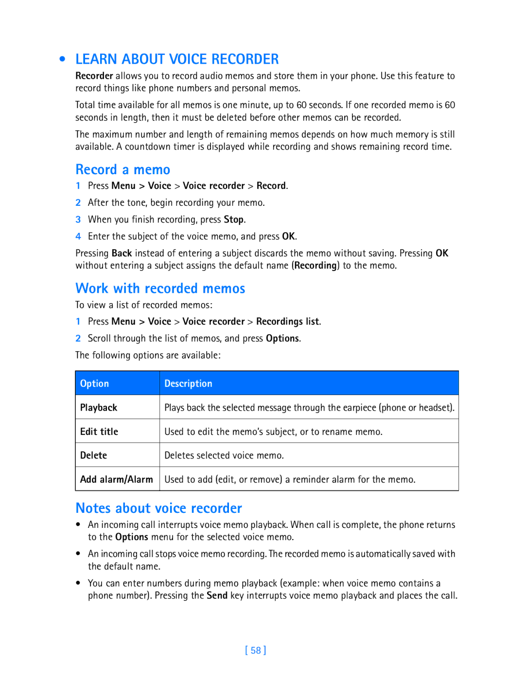 Nokia 3587i manual Learn about Voice Recorder, Record a memo, Work with recorded memos 