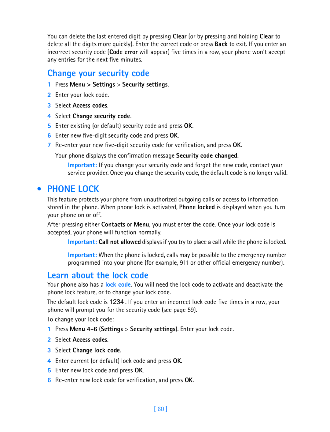 Nokia 3587i manual Change your security code, Phone Lock, Learn about the lock code, Press Menu Settings Security settings 