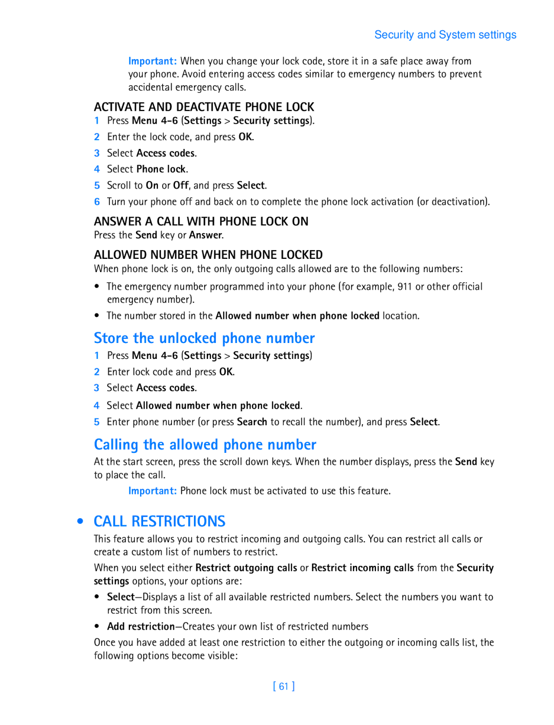 Nokia 3587i manual Store the unlocked phone number, Calling the allowed phone number, Call Restrictions 