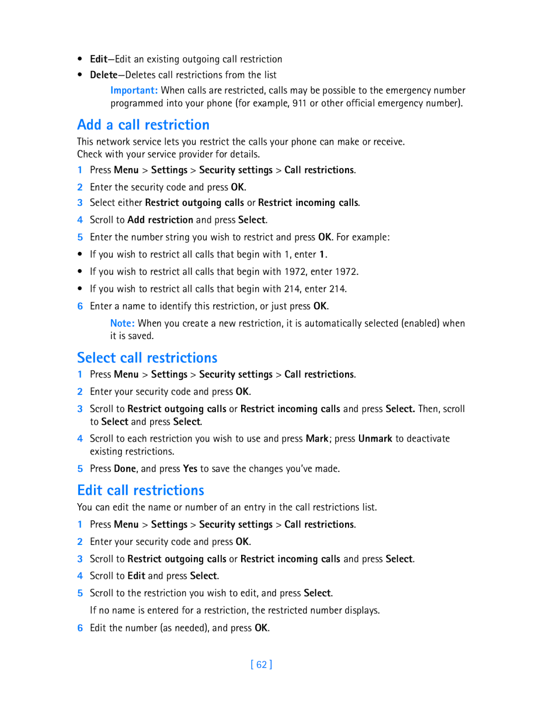 Nokia 3587i manual Add a call restriction, Select call restrictions, Edit call restrictions 
