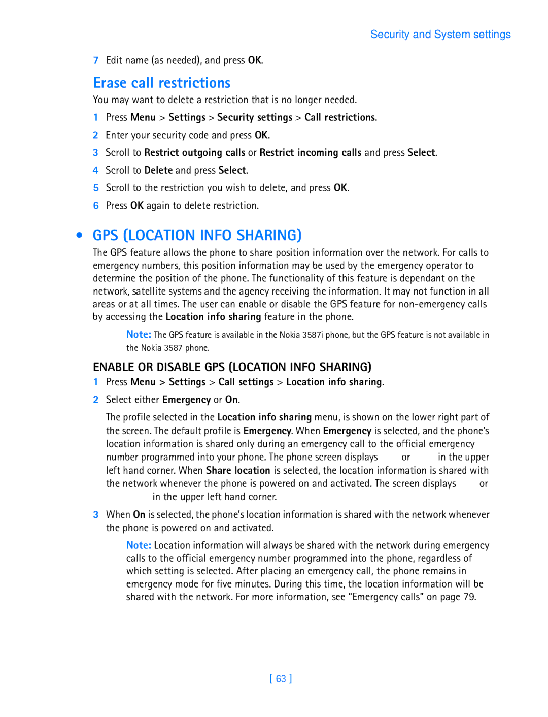 Nokia 3587i manual Erase call restrictions, Enable or Disable GPS Location Info Sharing 