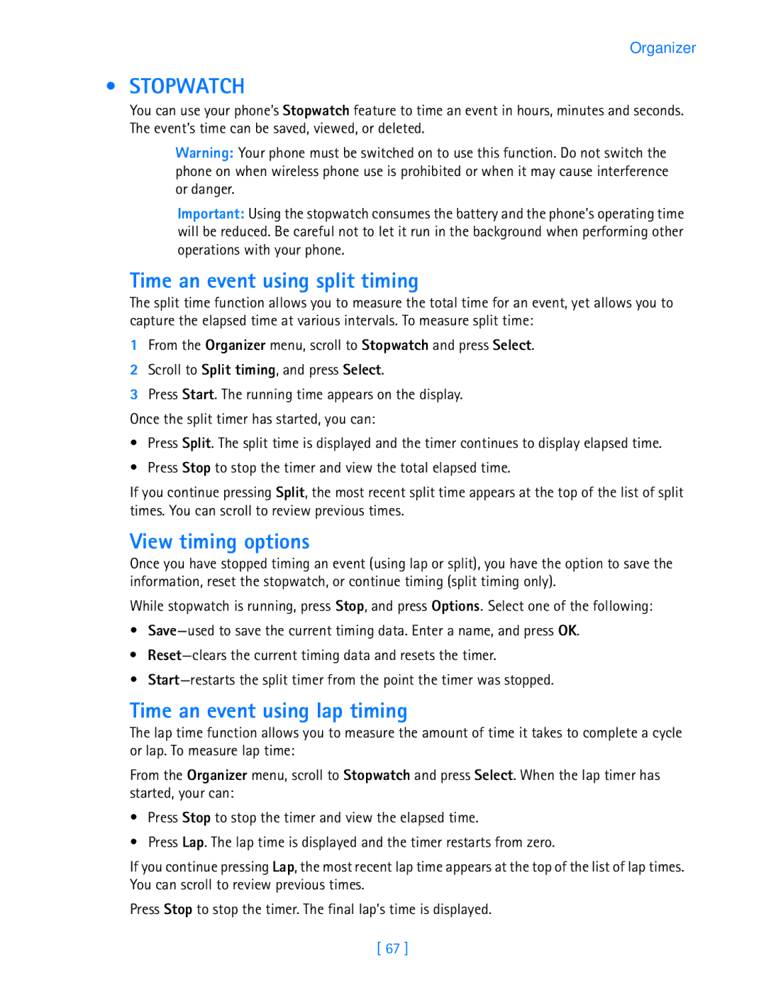 Nokia 3587i manual Stopwatch, Time an event using split timing, View timing options, Time an event using lap timing 