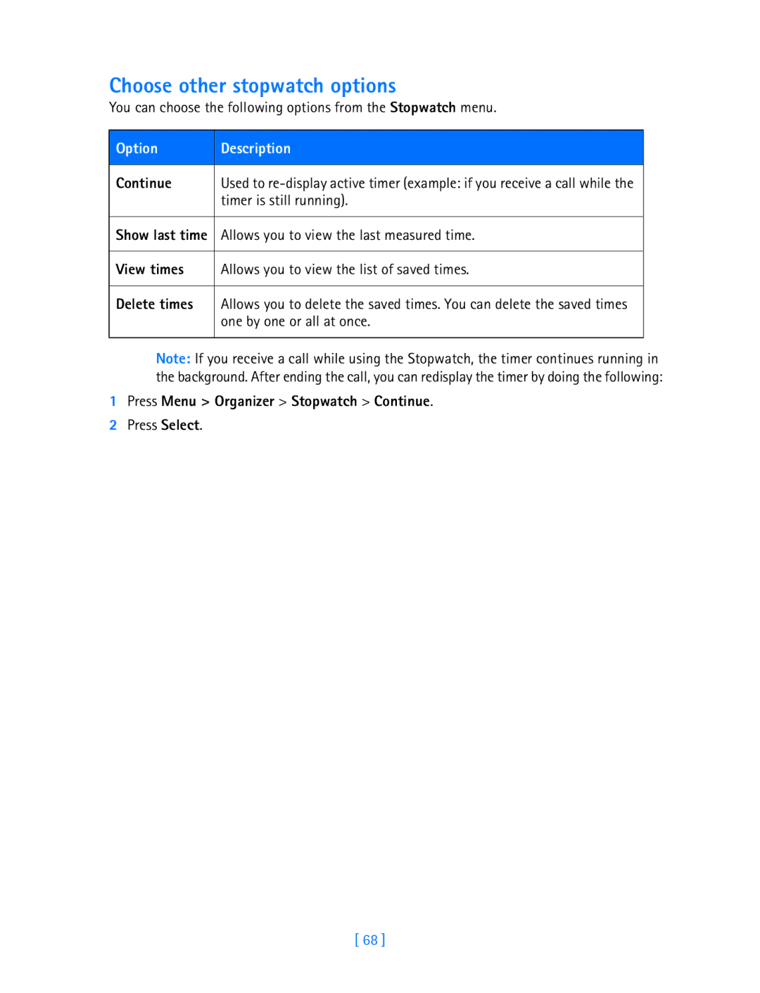 Nokia 3587i manual Choose other stopwatch options, View times, Delete times, Press Menu Organizer Stopwatch Continue 