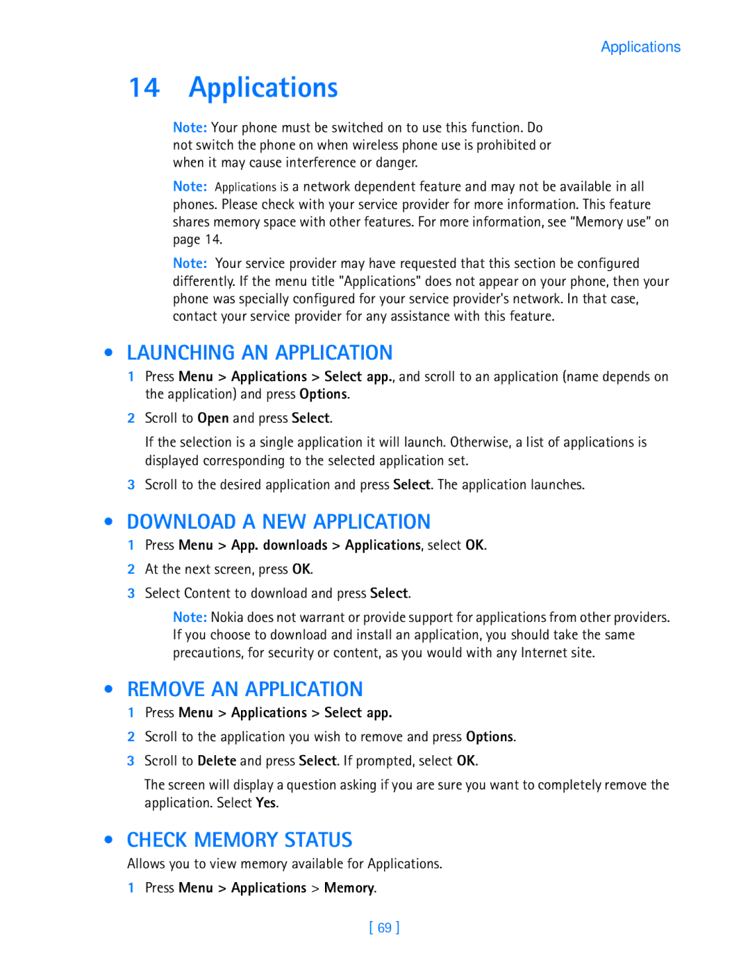 Nokia 3587i manual Applications, Launching AN Application, Download a NEW Application, Remove AN Application 