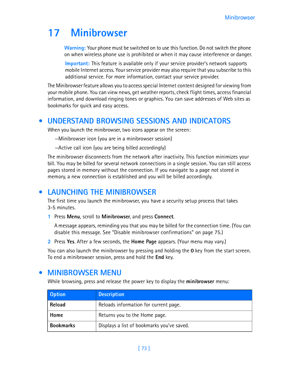 Nokia 3587i manual Understand Browsing Sessions and Indicators, Launching the Minibrowser, Minibrowser Menu 