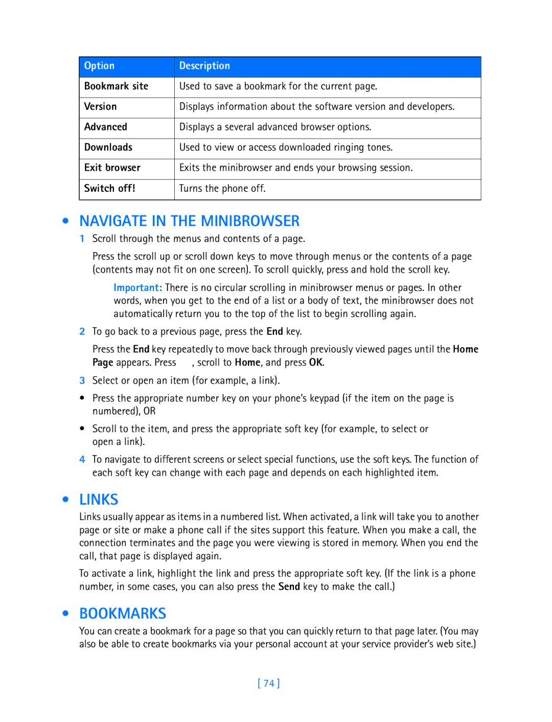 Nokia 3587i manual Navigate in the Minibrowser, Links, Bookmarks, Scroll through the menus and contents of a 