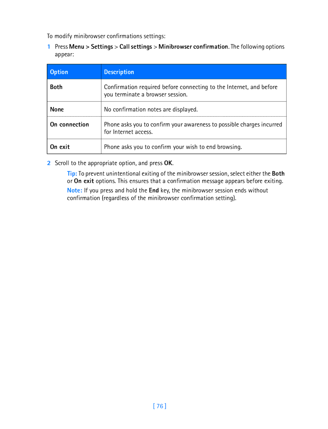 Nokia 3587i manual Both, You terminate a browser session, None No confirmation notes are displayed On connection, On exit 