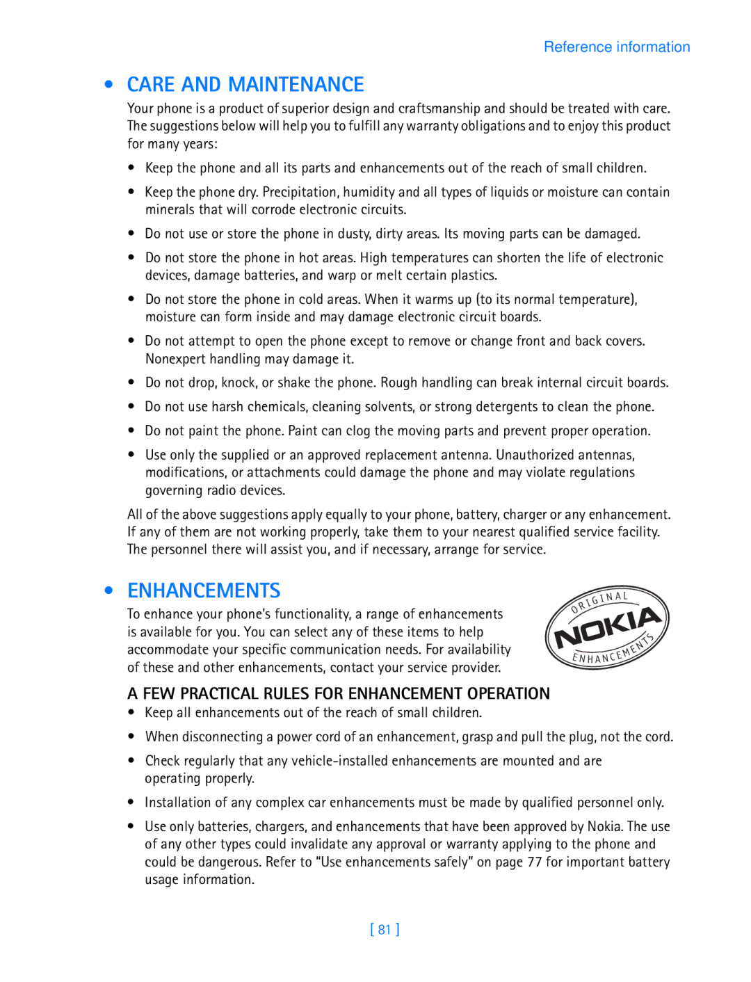 Nokia 3587i manual Care and Maintenance, Enhancements, FEW Practical Rules for Enhancement Operation 