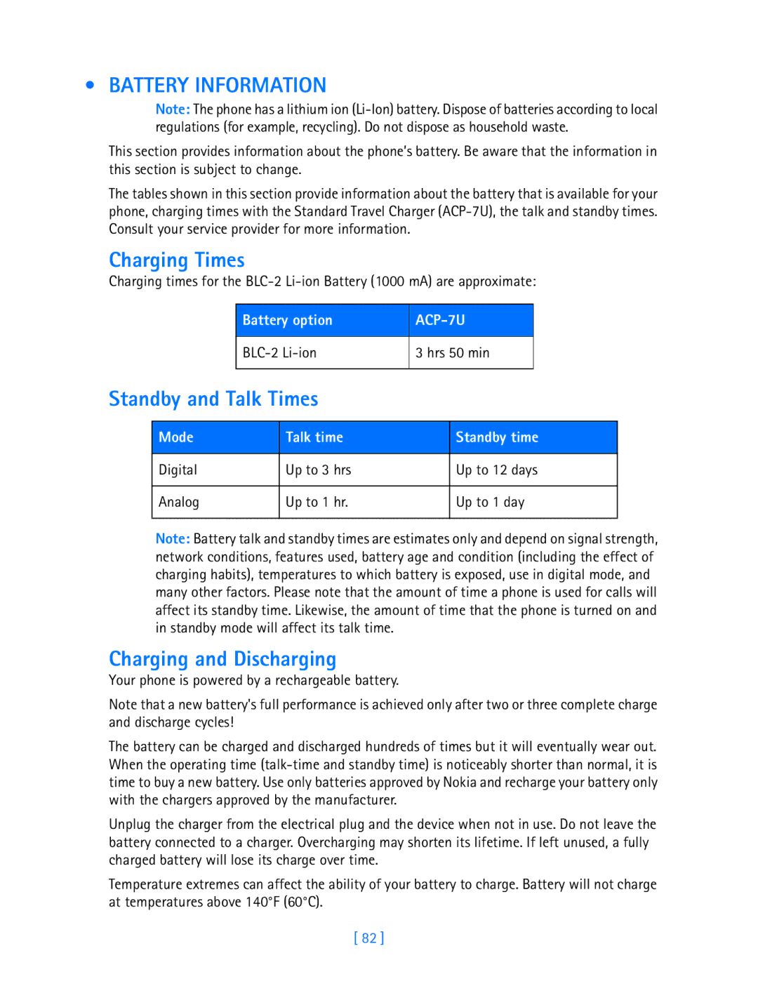 Nokia 3587i manual Battery Information, Charging Times, Standby and Talk Times, Charging and Discharging 