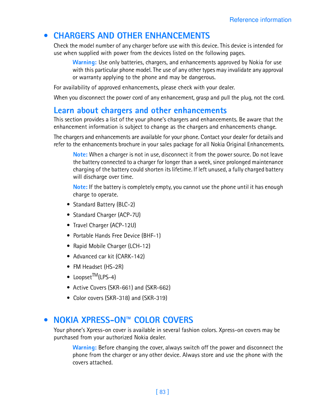 Nokia 3587i Chargers and Other Enhancements, Learn about chargers and other enhancements, Nokia XPRESS-ON Color Covers 