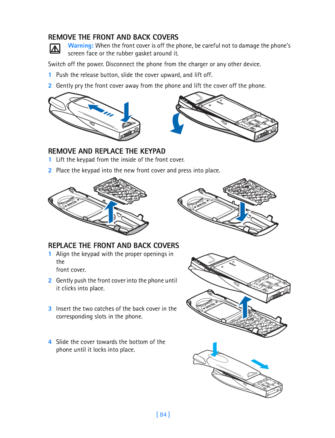 Nokia 3587i manual Remove the Front and Back Covers, Remove and Replace the Keypad, Replace the Front and Back Covers 