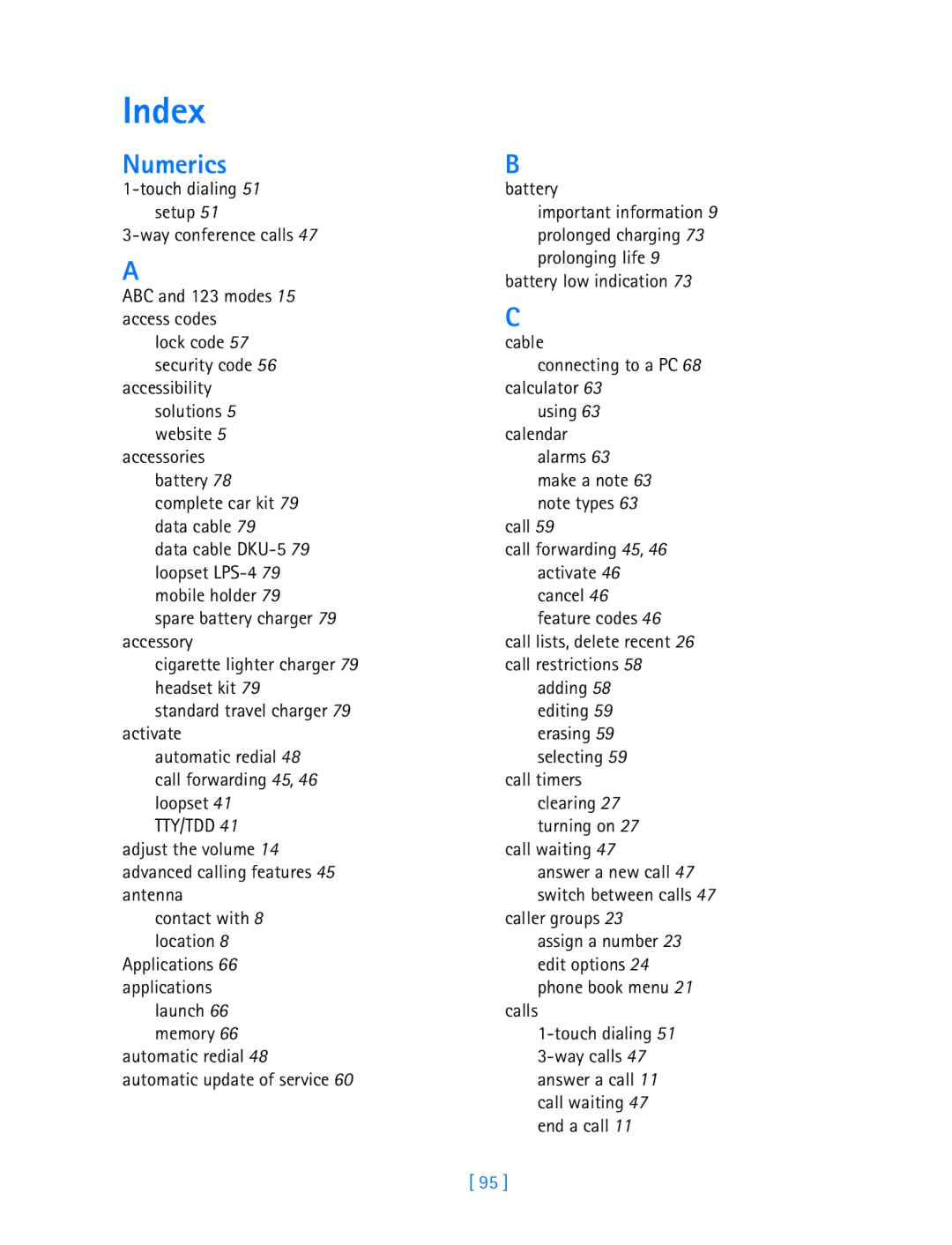 Nokia 3589i manual Index, Numerics, Call lists, delete recent 26 call restrictions 