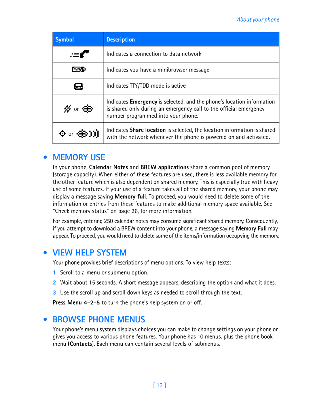 Nokia 3589i manual Memory USE, View Help System, Browse Phone Menus 