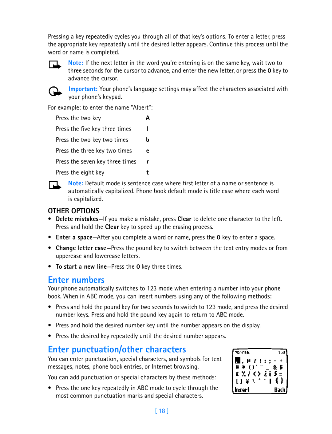 Nokia 3589i manual Enter numbers, Enter punctuation/other characters, Other Options 