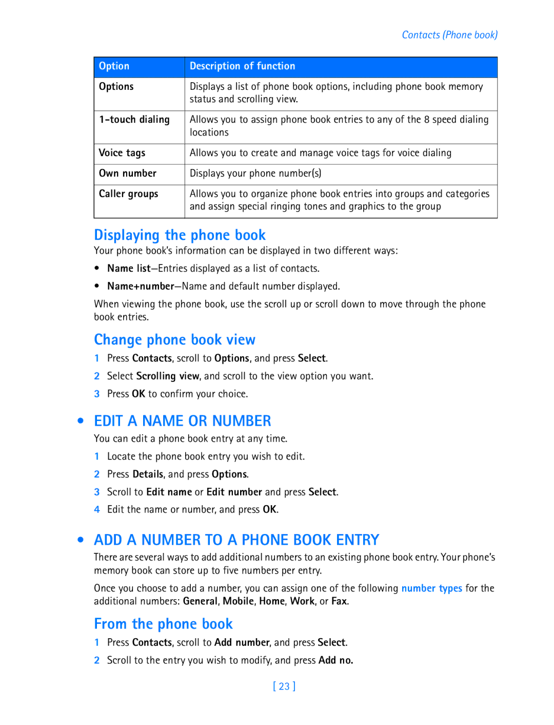 Nokia 3589i Displaying the phone book, Change phone book view, Edit a Name or Number, ADD a Number to a Phone Book Entry 