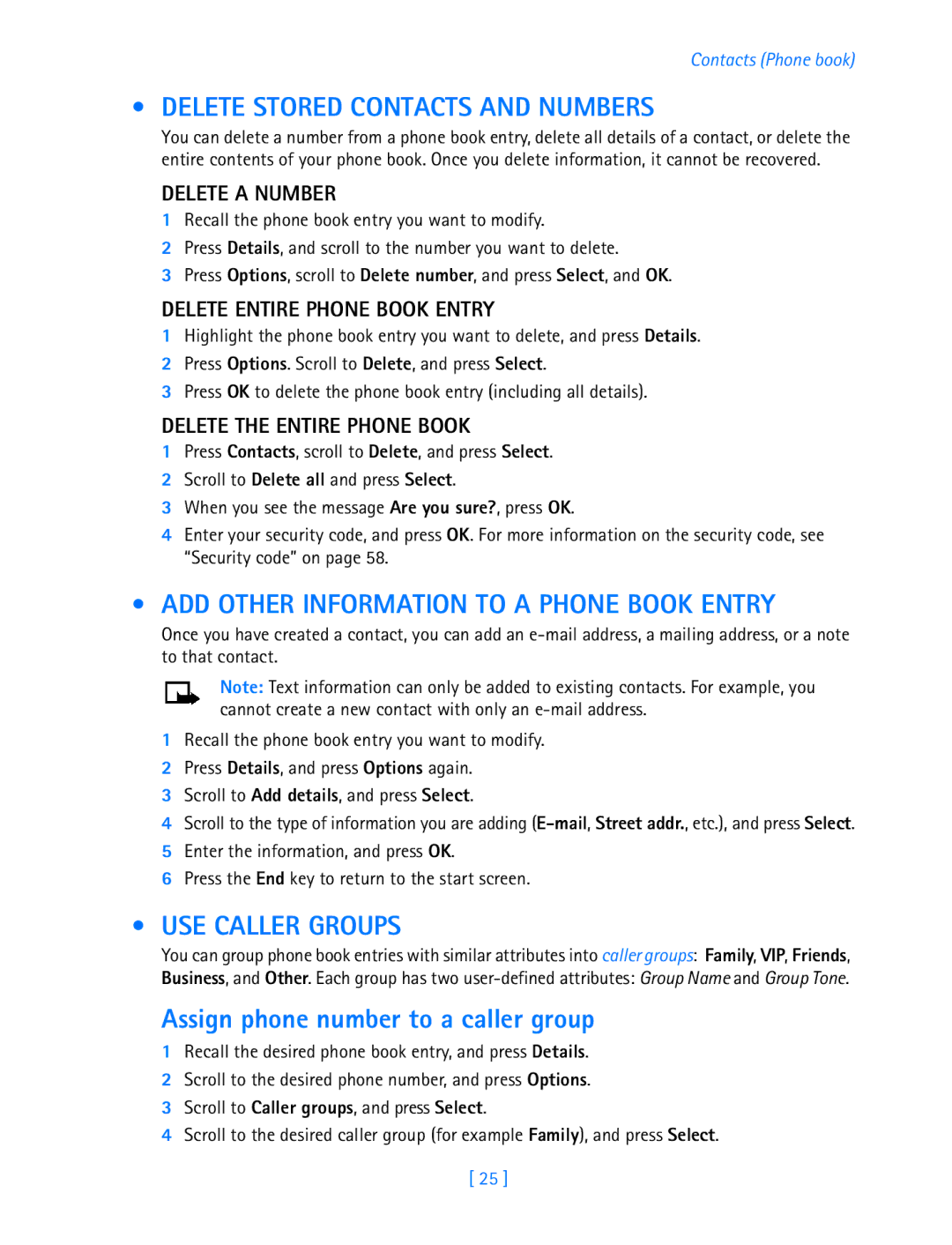 Nokia 3589i manual Delete Stored Contacts and Numbers, ADD Other Information to a Phone Book Entry, USE Caller Groups 