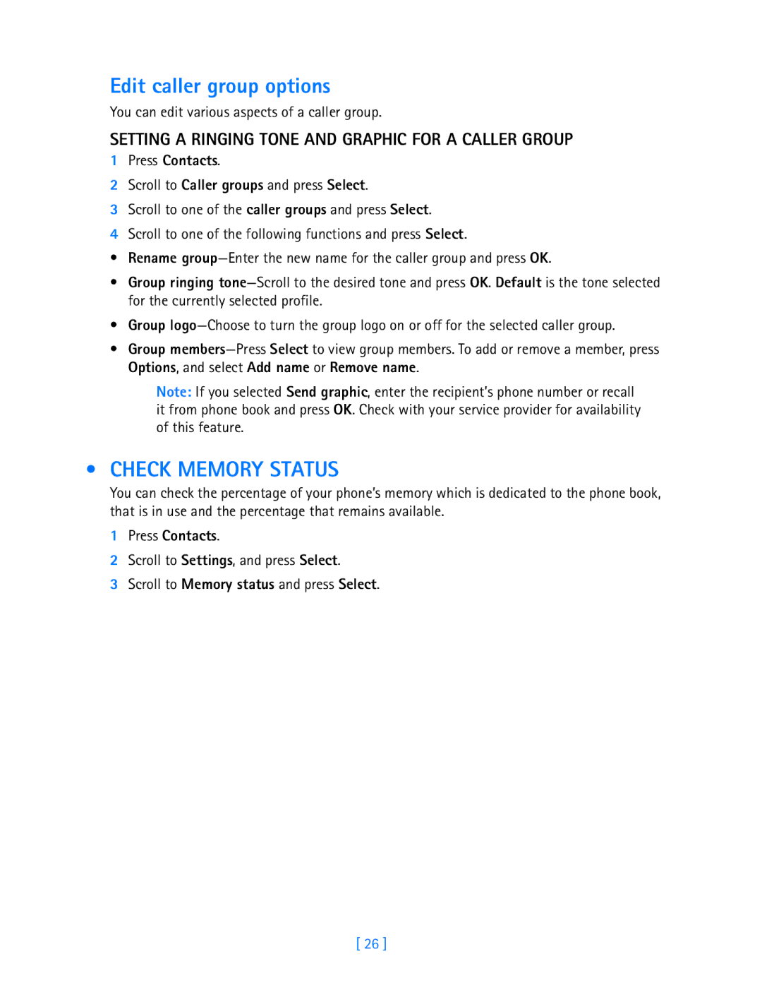 Nokia 3589i manual Edit caller group options, Check Memory Status, Setting a Ringing Tone and Graphic for a Caller Group 