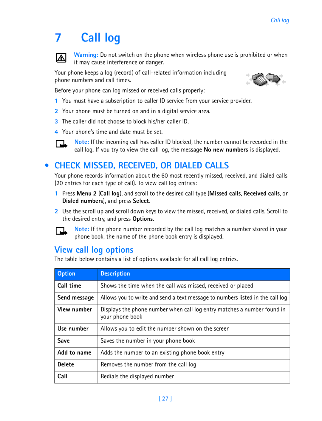 Nokia 3589i manual Call log, Check MISSED, RECEIVED, or Dialed Calls, View call log options, Option Description 