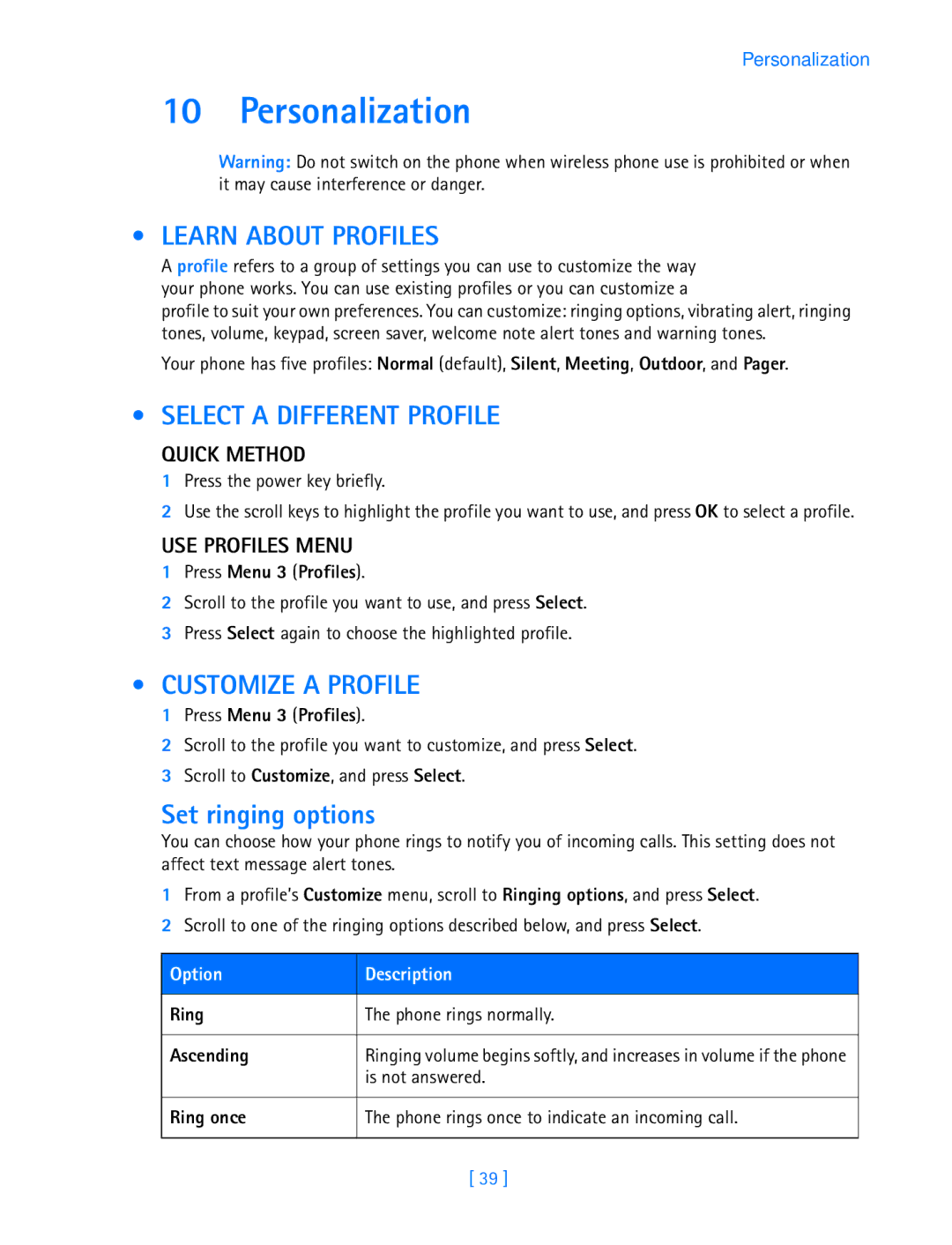 Nokia 3589i Personalization, Learn about Profiles, Select a Different Profile, Customize a Profile, Set ringing options 