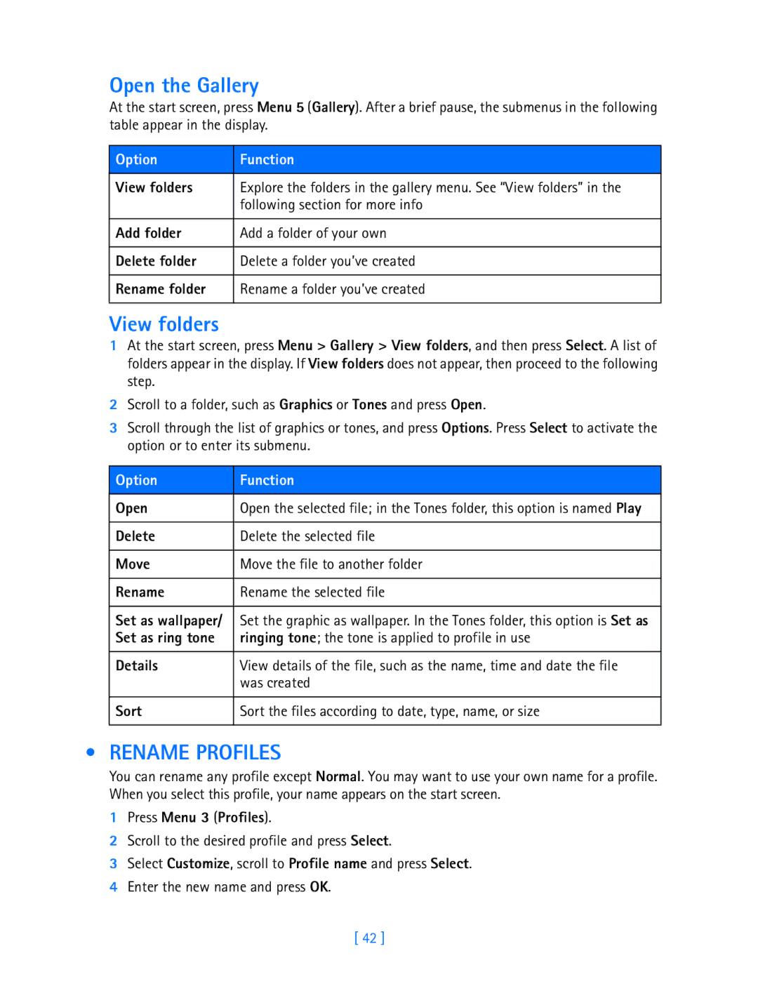 Nokia 3589i manual Open the Gallery, View folders, Rename Profiles, Option Function 