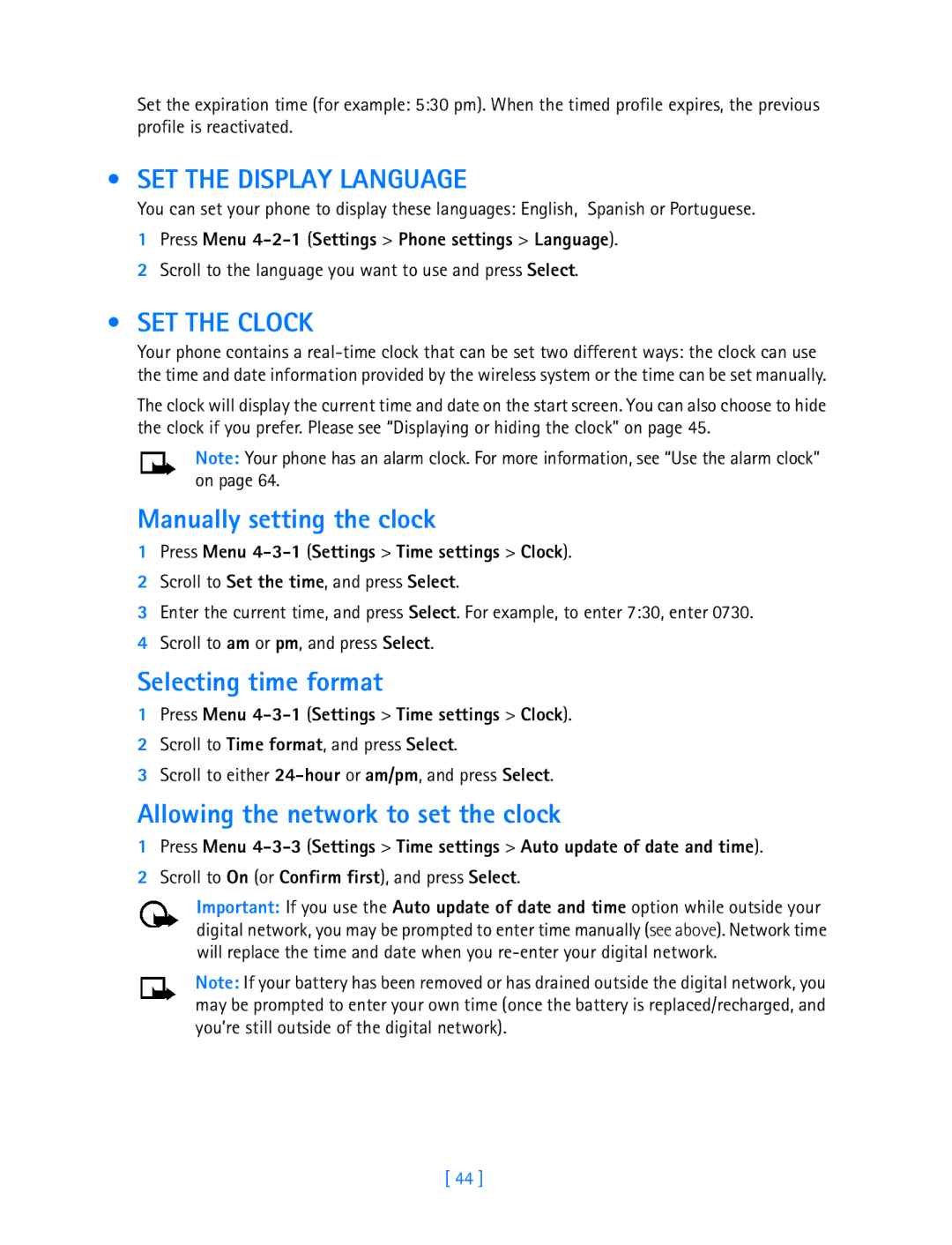 Nokia 3589i manual SET the Display Language, SET the Clock, Manually setting the clock, Selecting time format 